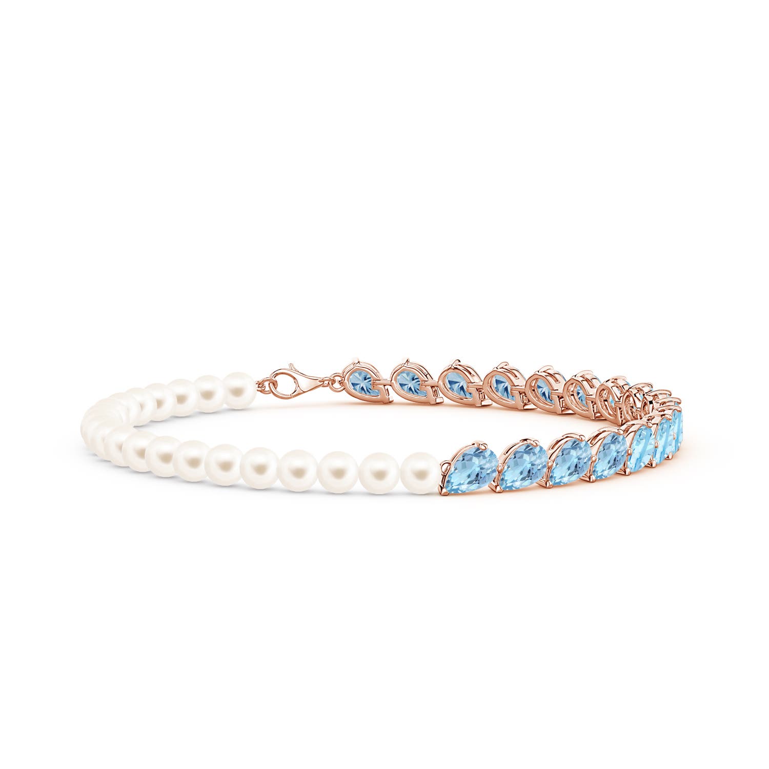 6x4mm AAA Tilted Pear Aquamarine and Freshwater Pearl Tennis Bracelet in 18K Rose Gold