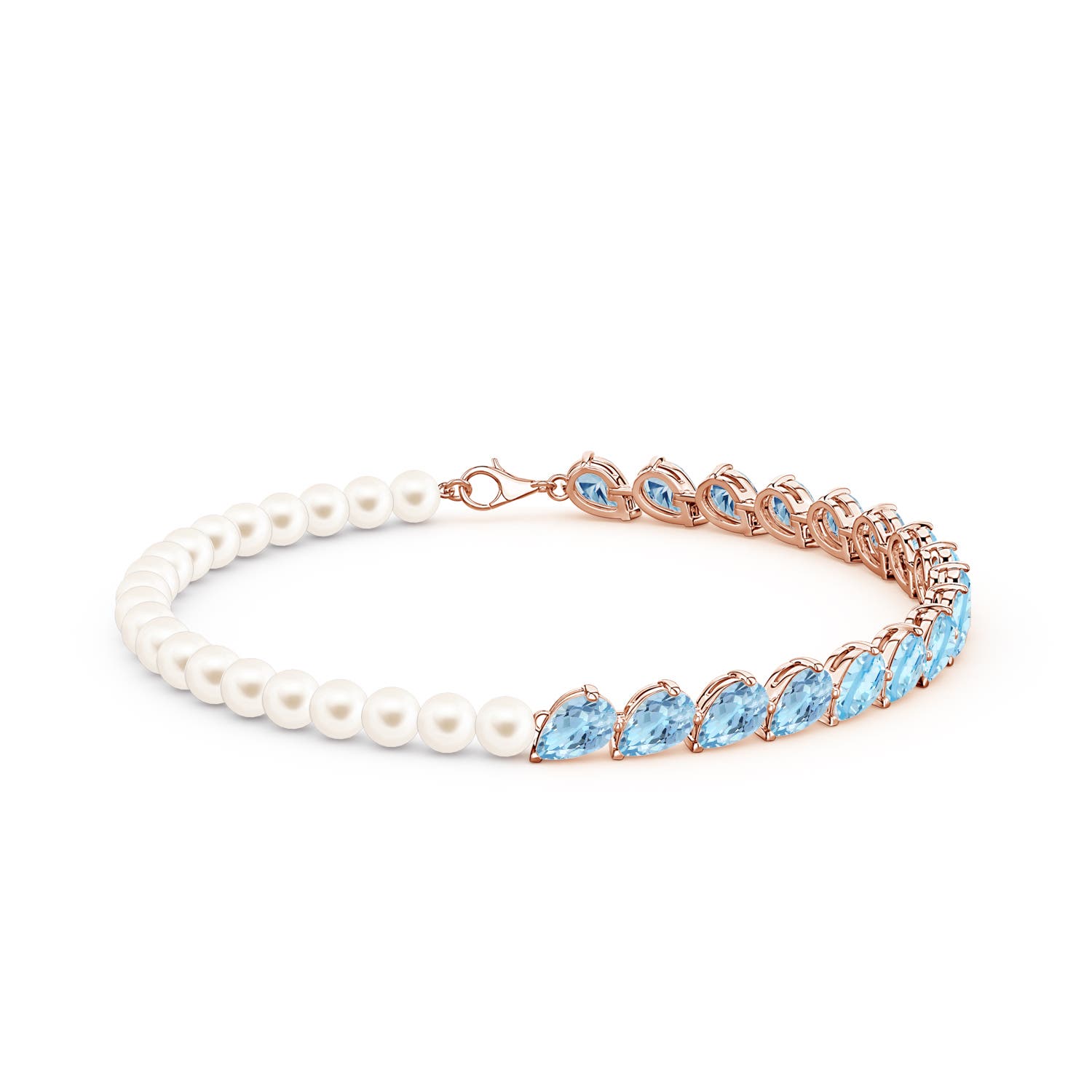 6x4mm AAA Tilted Pear Aquamarine and Freshwater Pearl Tennis Bracelet in 18K Rose Gold