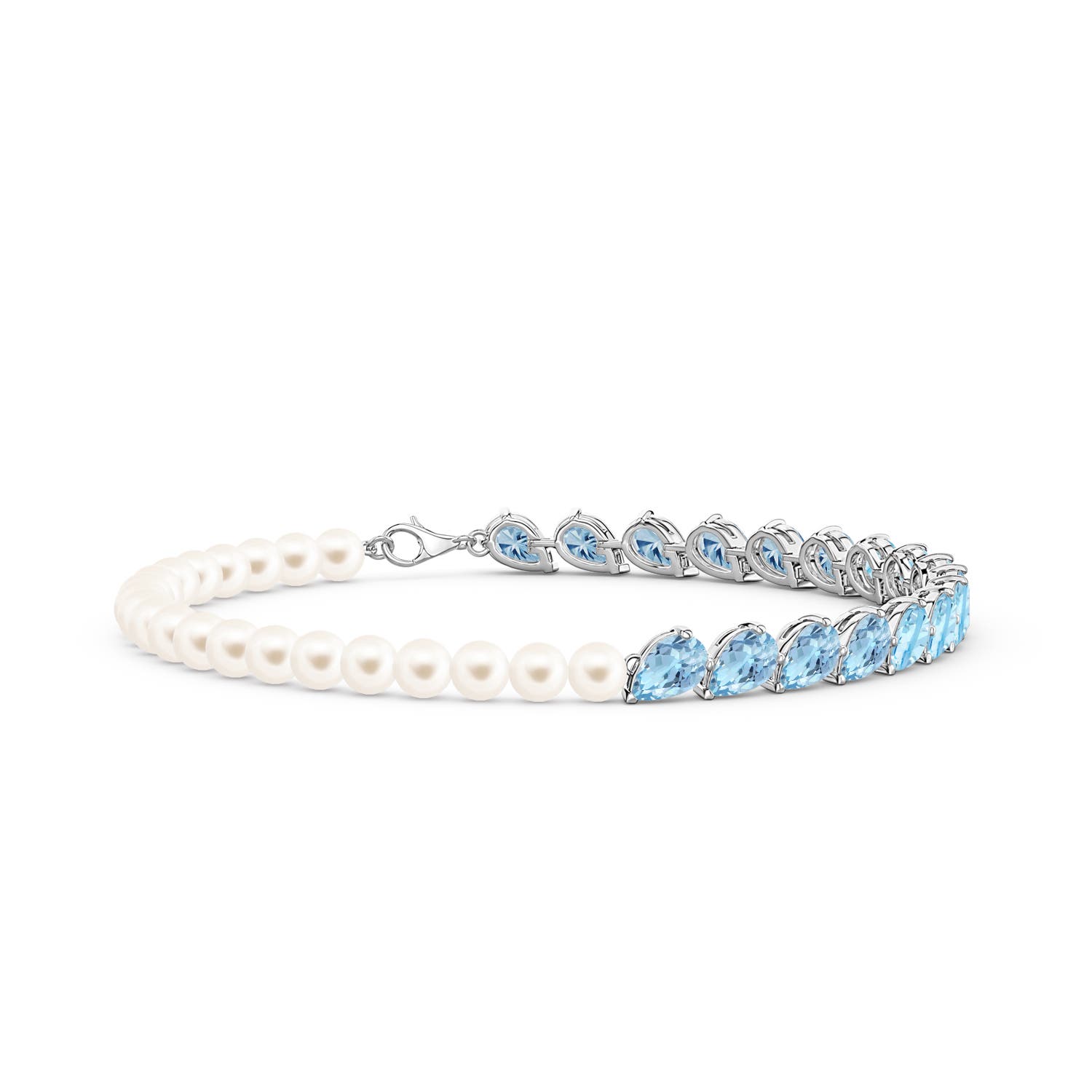 6x4mm AAA Tilted Pear Aquamarine and Freshwater Pearl Tennis Bracelet in White Gold