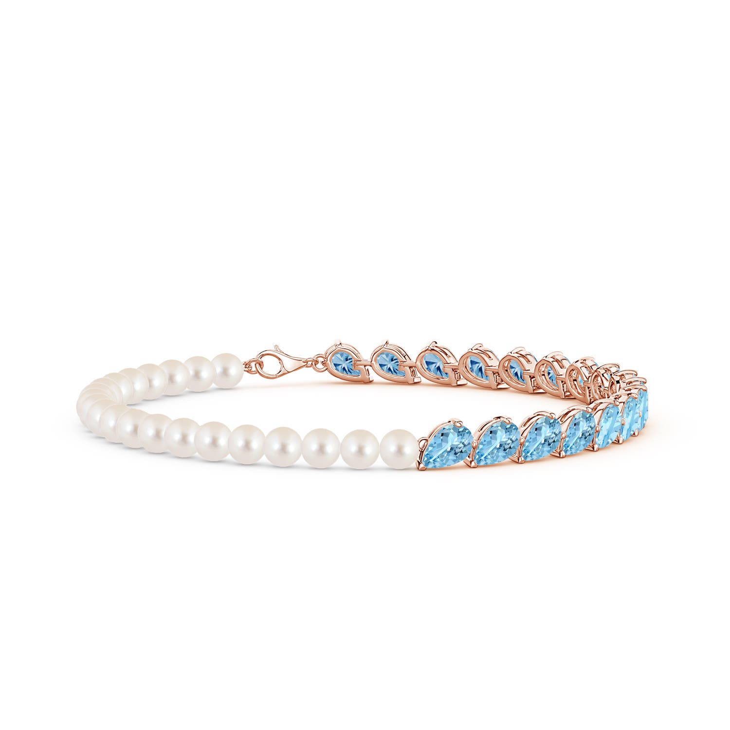 6x4mm AAAA Tilted Pear Aquamarine and Freshwater Pearl Tennis Bracelet in Rose Gold