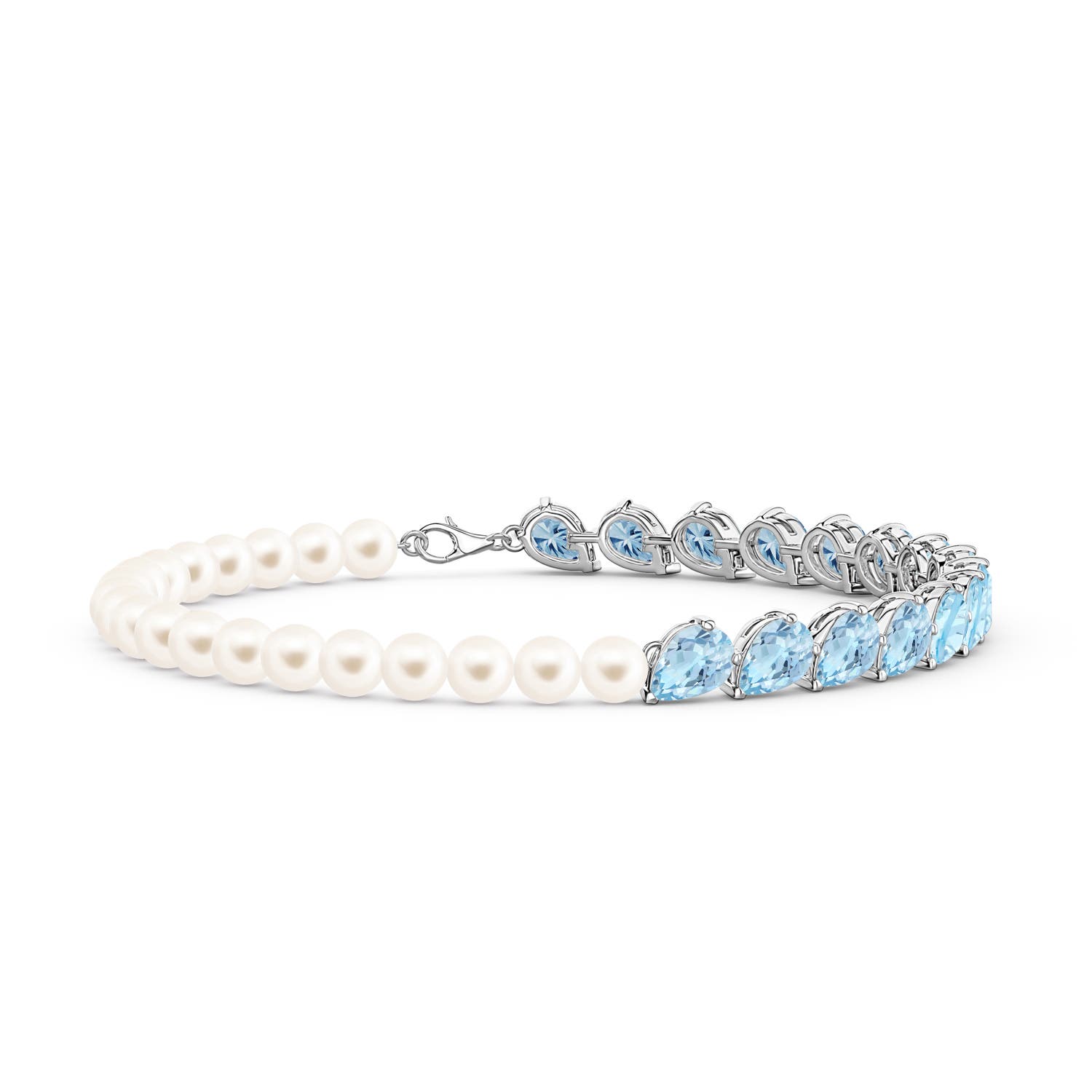 7x5mm AAA Tilted Pear Aquamarine and Freshwater Pearl Tennis Bracelet in White Gold