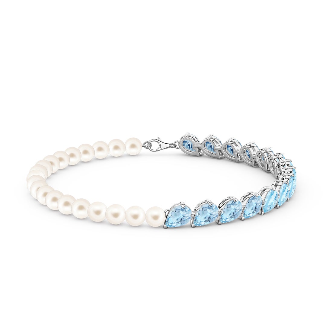 7x5mm AAA Tilted Pear Aquamarine and Freshwater Pearl Tennis Bracelet in White Gold - side 2
