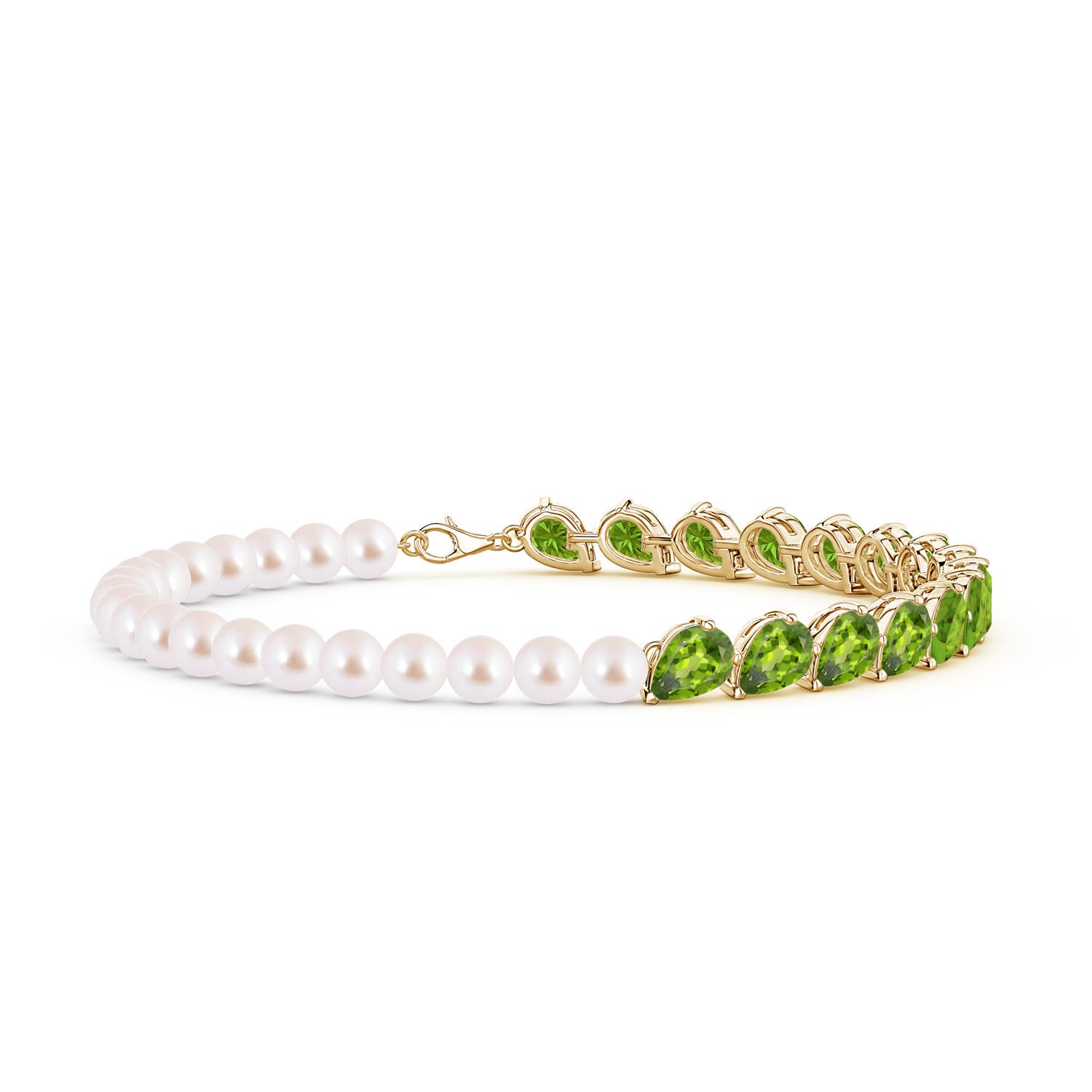 7x5mm AAA Tilted Pear Peridot and Akoya Pearl Tennis Bracelet in Yellow Gold