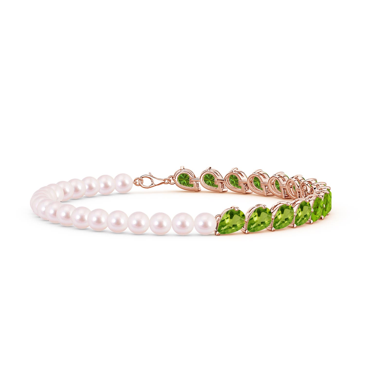 7x5mm AAAA Tilted Pear Peridot and Akoya Pearl Tennis Bracelet in 18K Rose Gold