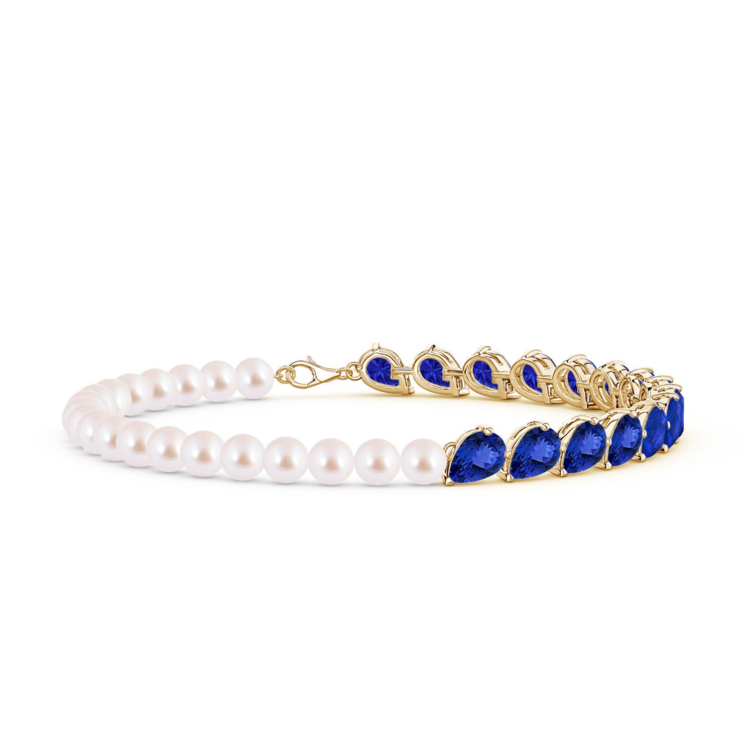 7x5mm AAA Tilted Pear Tanzanite and Akoya Pearl Tennis Bracelet in Yellow Gold