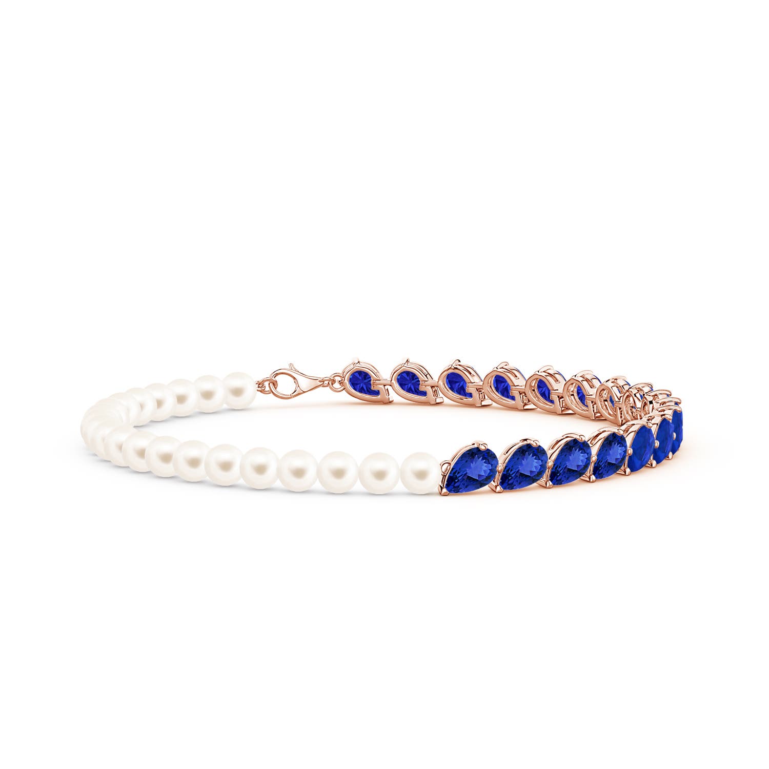 6x4mm AAA Tilted Pear Tanzanite and Freshwater Pearl Tennis Bracelet in Rose Gold