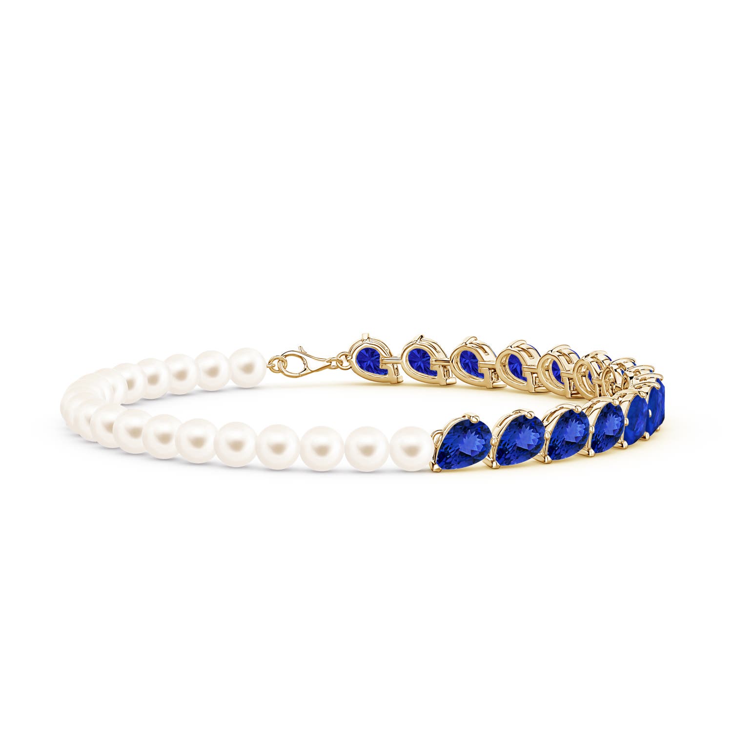 7x5mm AAA Tilted Pear Tanzanite and Freshwater Pearl Tennis Bracelet in Yellow Gold