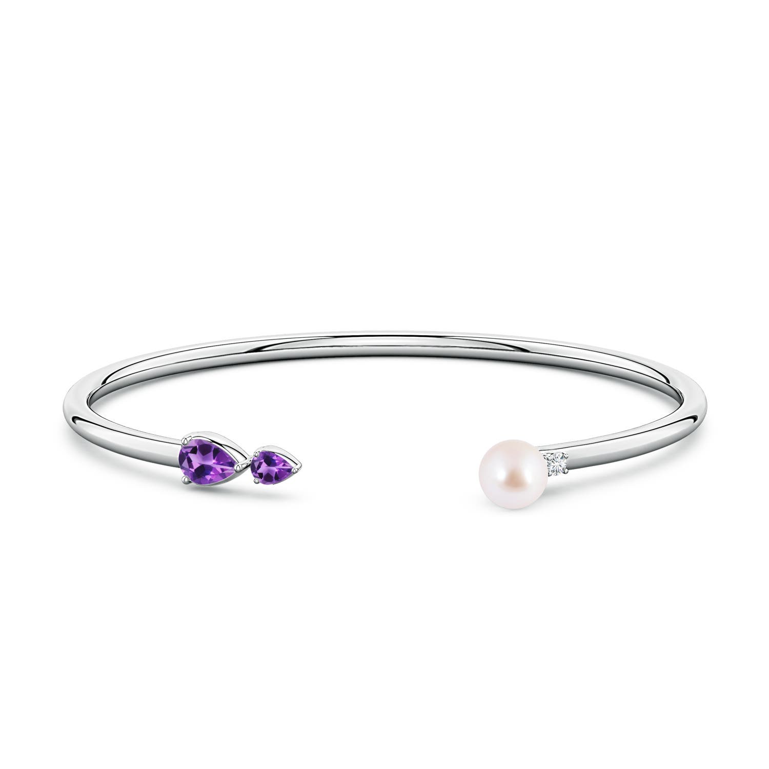 6mm AAA Akoya Pearl and Horizontal Pear Amethyst Open Flex Cuff Bracelet in 18K White Gold