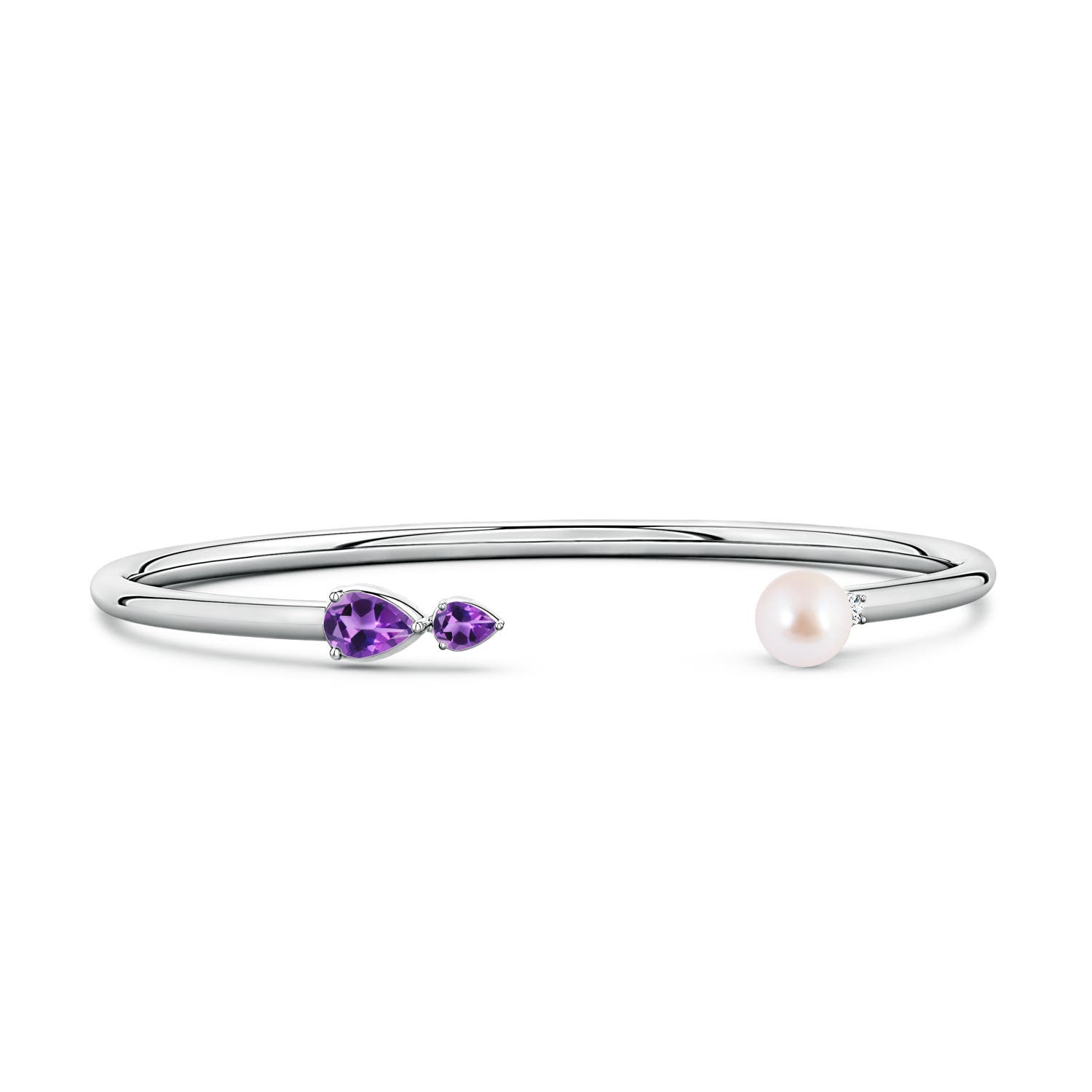 6mm AAA Akoya Pearl and Horizontal Pear Amethyst Open Flex Cuff Bracelet in White Gold