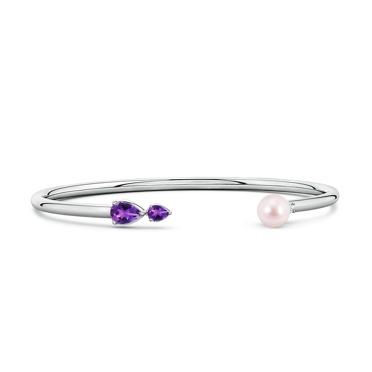 6mm AAAA Akoya Pearl and Horizontal Pear Amethyst Open Flex Cuff Bracelet in White Gold