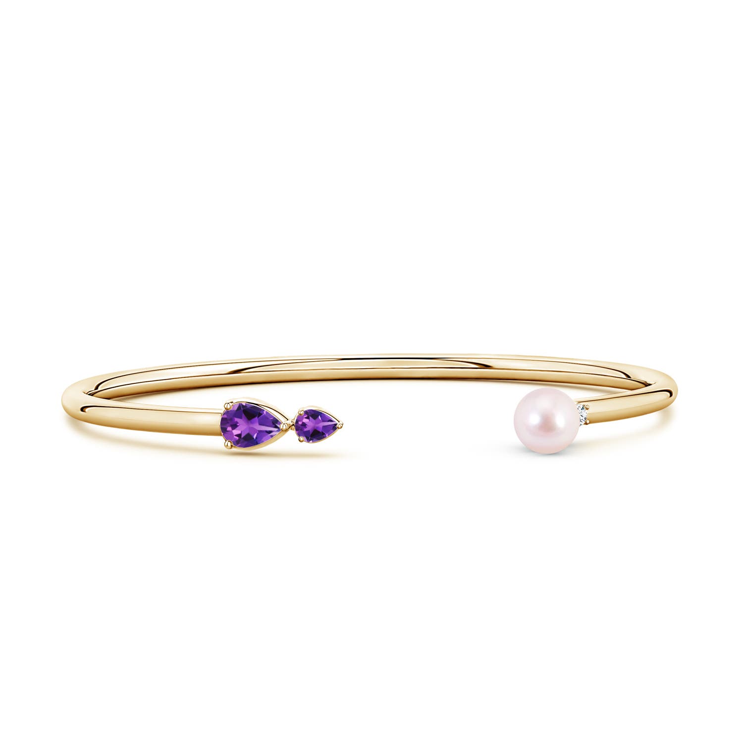 6mm AAAA Akoya Pearl and Horizontal Pear Amethyst Open Flex Cuff Bracelet in Yellow Gold