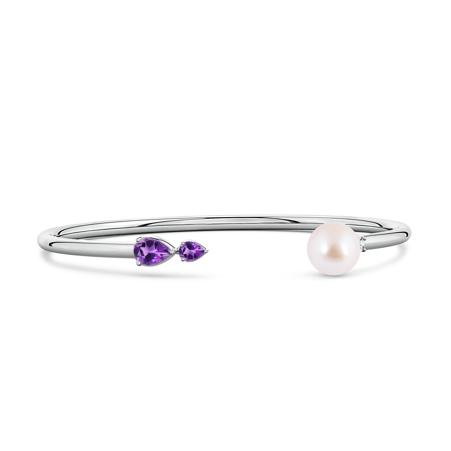 8mm AAA Akoya Pearl and Horizontal Pear Amethyst Open Flex Cuff Bracelet in White Gold