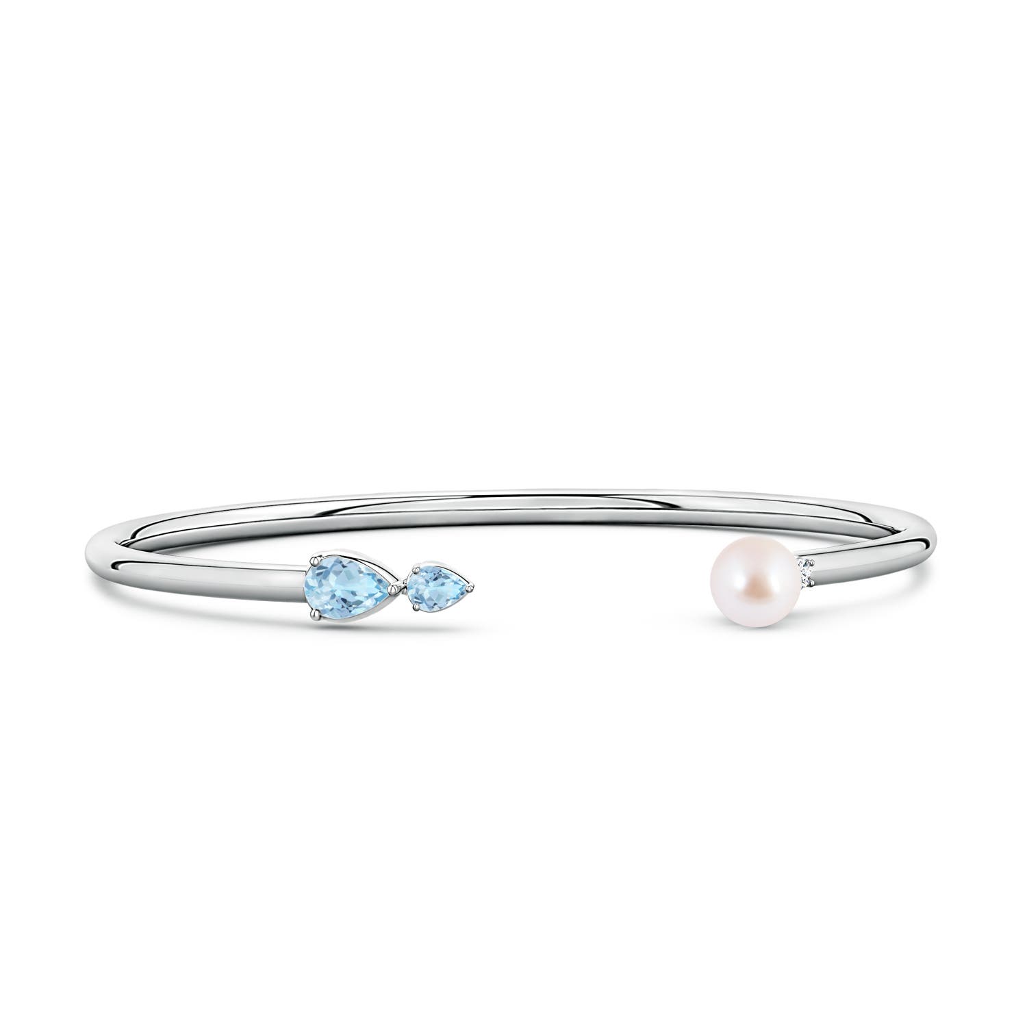 6mm AAA Akoya Pearl and Horizontal Pear Aquamarine Open Flex Cuff Bracelet in White Gold