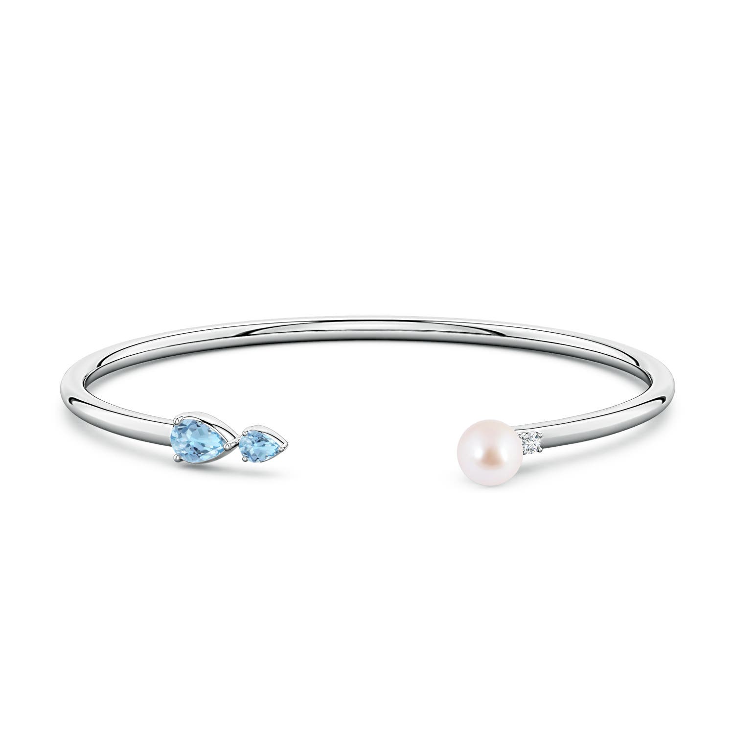 6mm AAA Akoya Pearl and Horizontal Pear Aquamarine Open Flex Cuff Bracelet in White Gold