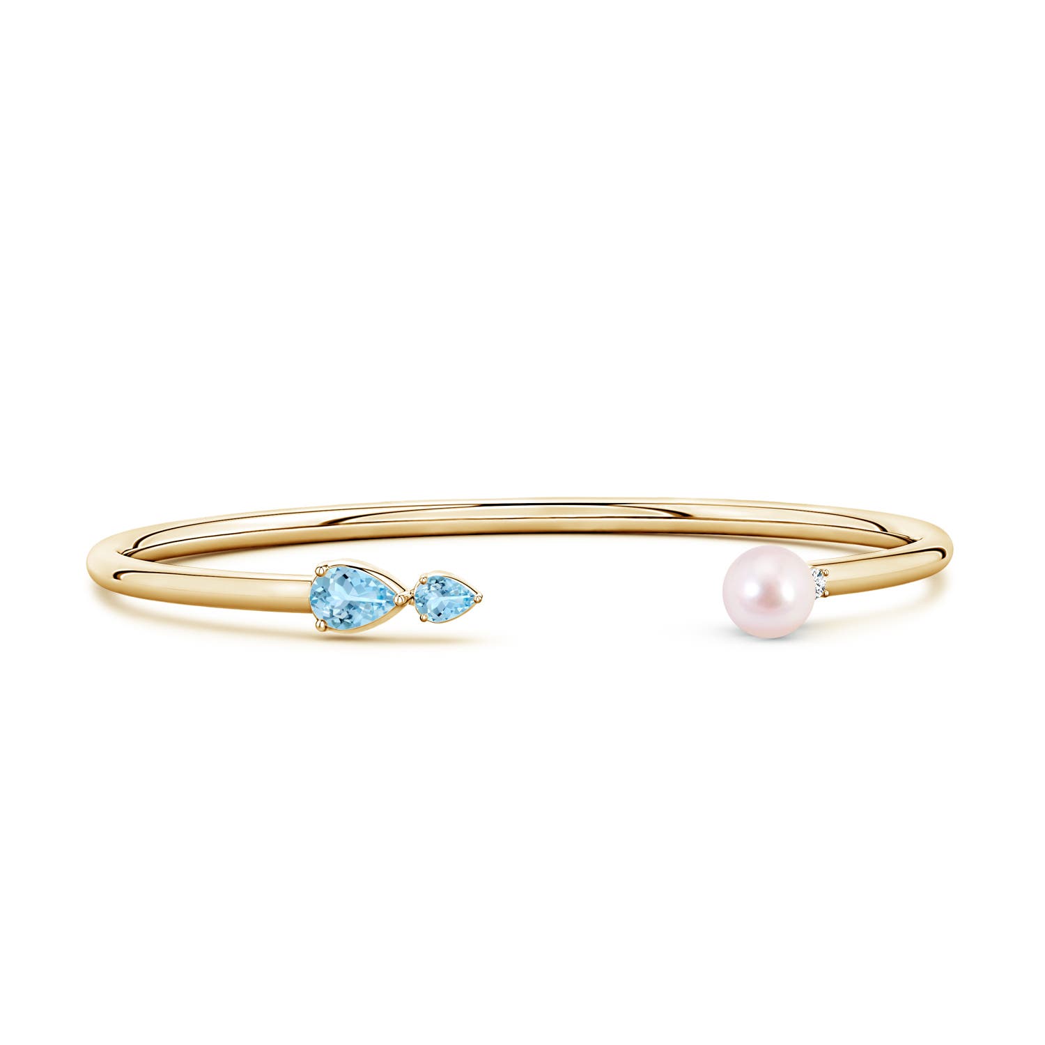 6mm AAAA Akoya Pearl and Horizontal Pear Aquamarine Open Flex Cuff Bracelet in Yellow Gold