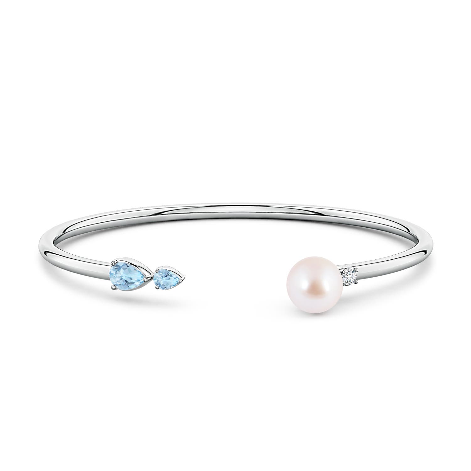 8mm AAA Akoya Pearl and Horizontal Pear Aquamarine Open Flex Cuff Bracelet in White Gold - side 2