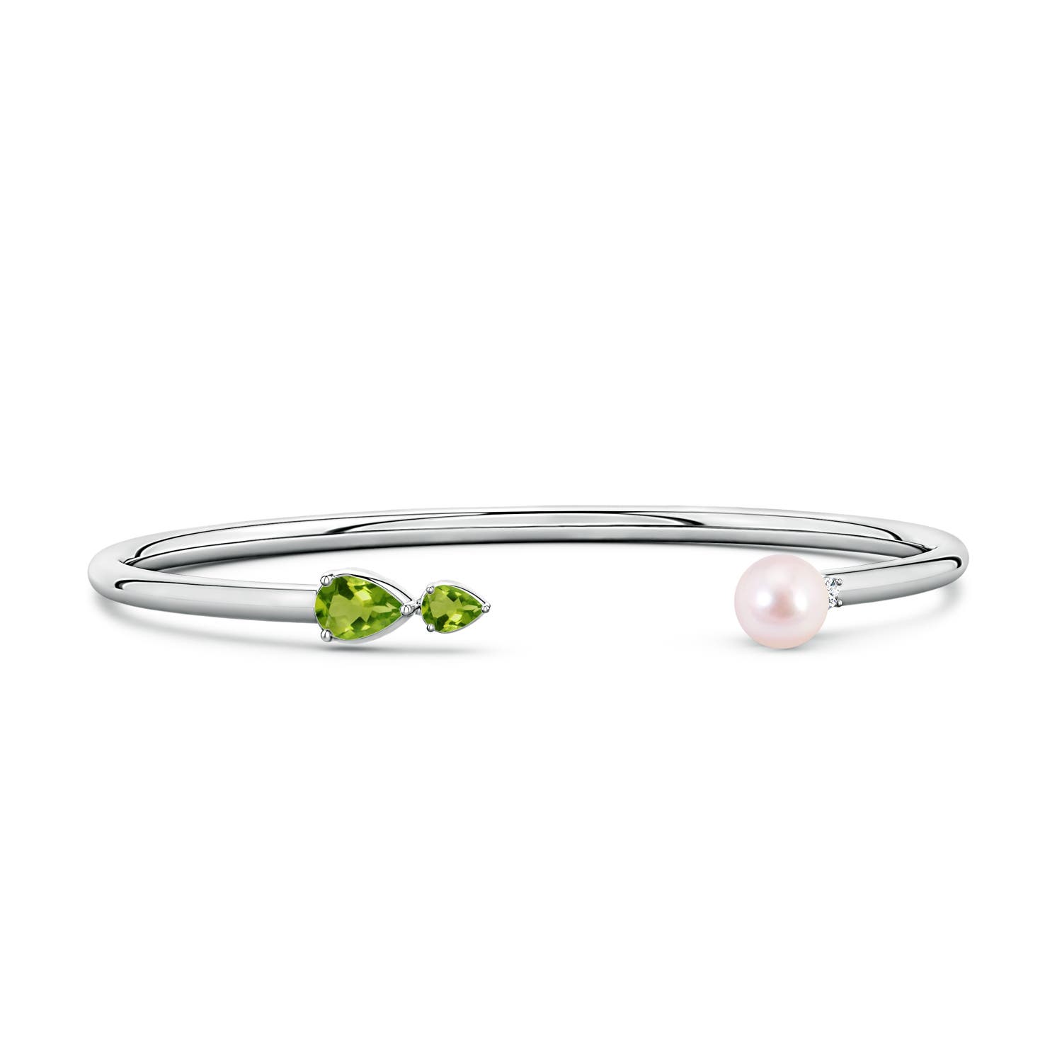 6mm AAAA Akoya Pearl and Horizontal Pear Peridot Open Flex Cuff Bracelet in White Gold