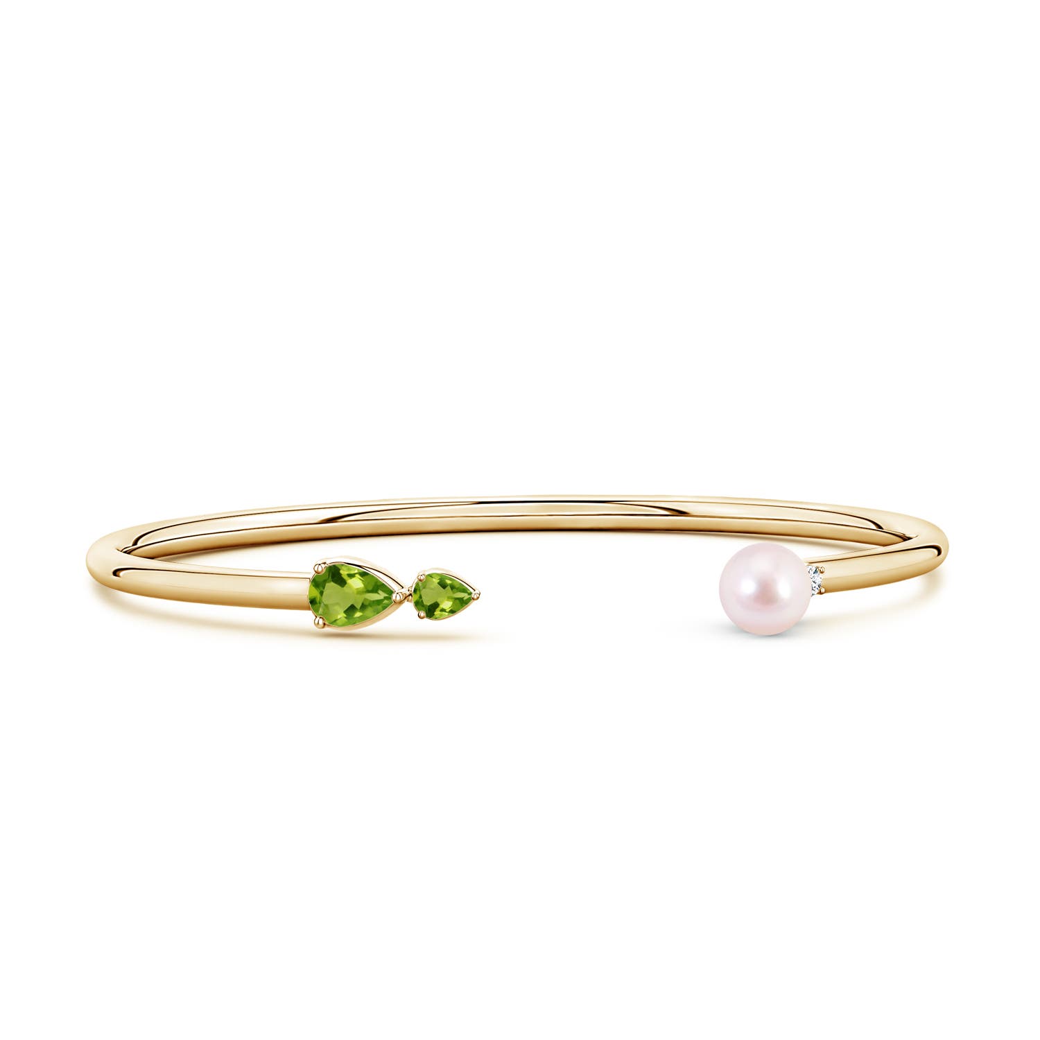6mm AAAA Akoya Pearl and Horizontal Pear Peridot Open Flex Cuff Bracelet in Yellow Gold