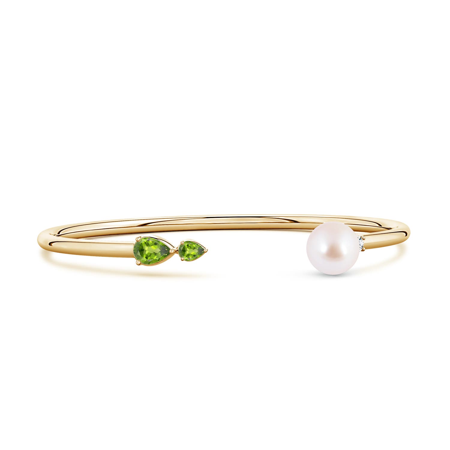 8mm AAA Akoya Pearl and Horizontal Pear Peridot Open Flex Cuff Bracelet in Yellow Gold