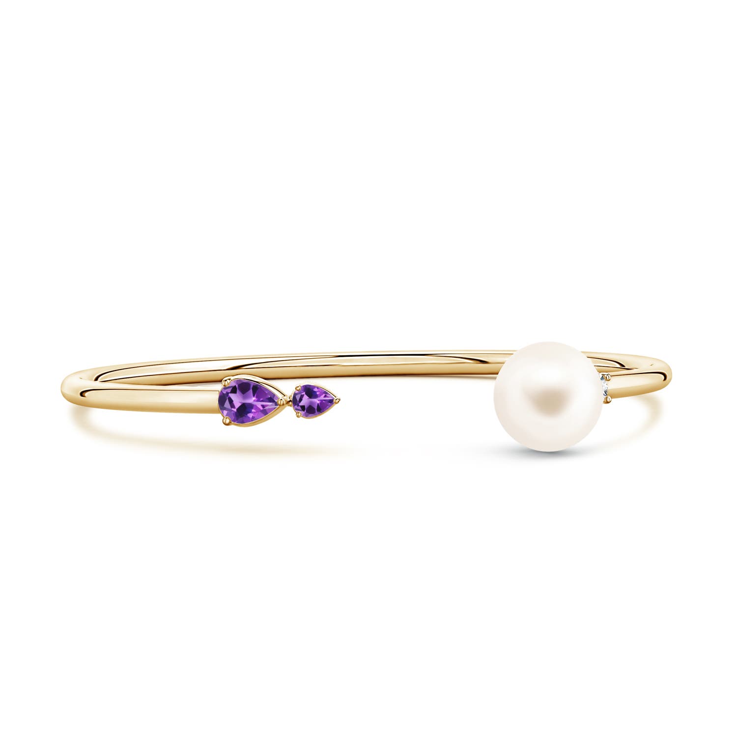 10mm AAA Freshwater Pearl and Horizontal Pear Amethyst Open Flex Cuff Bracelet in Yellow Gold