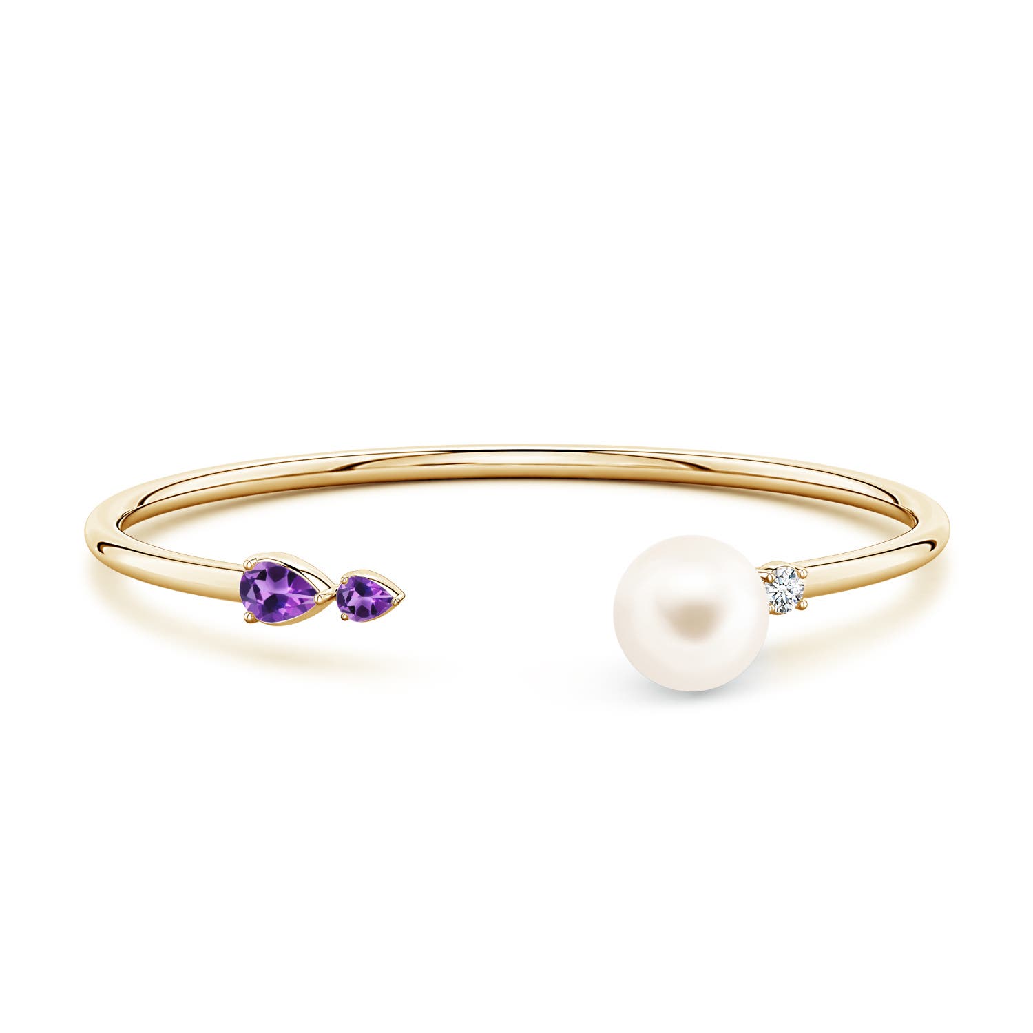 10mm AAA Freshwater Pearl and Horizontal Pear Amethyst Open Flex Cuff Bracelet in Yellow Gold