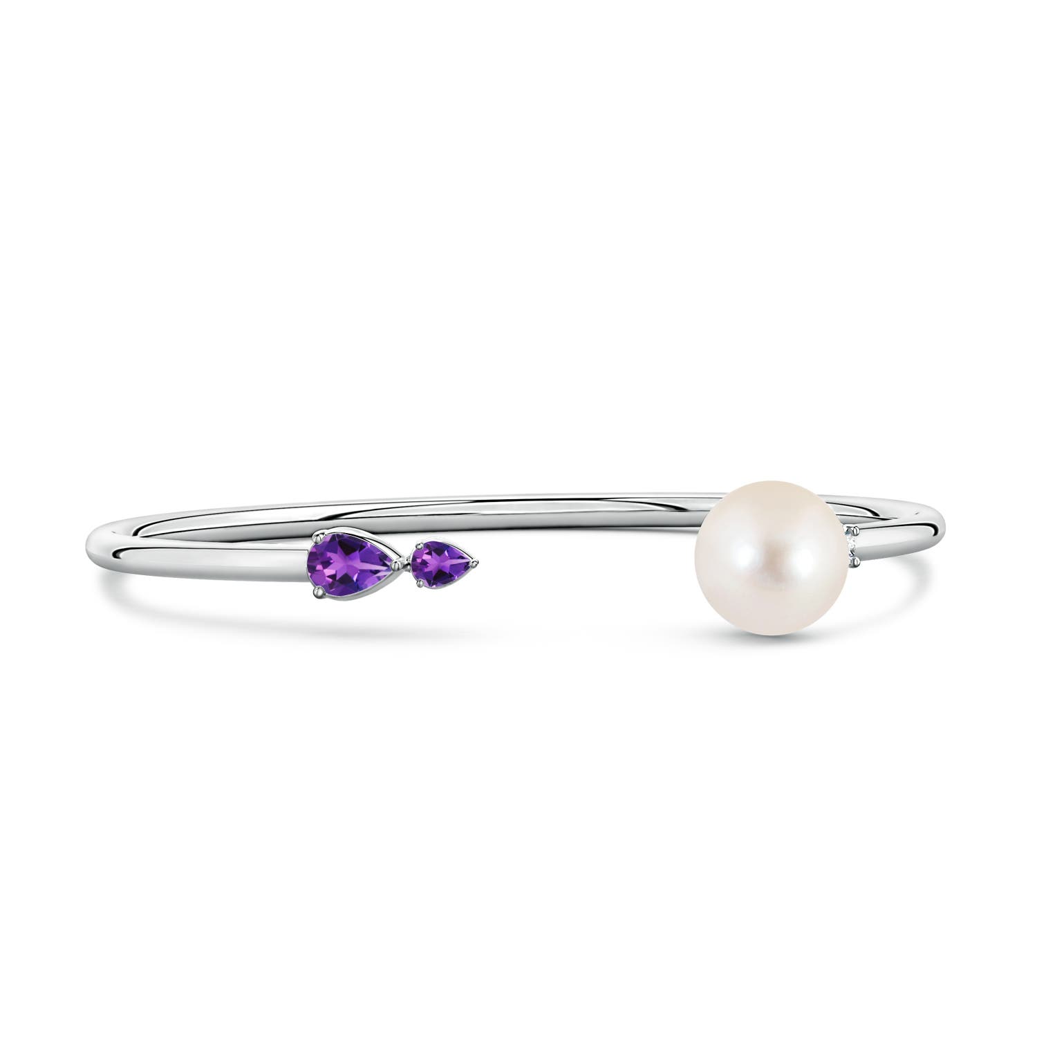 10mm AAAA Freshwater Pearl and Horizontal Pear Amethyst Open Flex Cuff Bracelet in White Gold