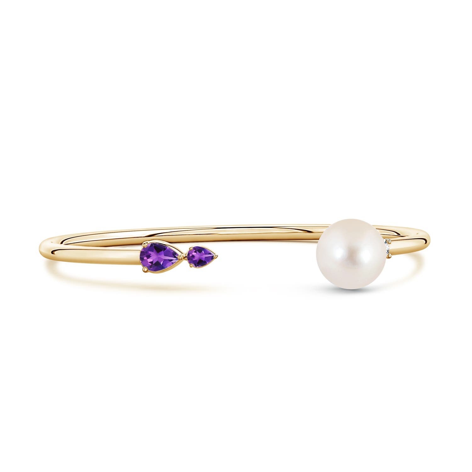 10mm AAAA Freshwater Pearl and Horizontal Pear Amethyst Open Flex Cuff Bracelet in Yellow Gold