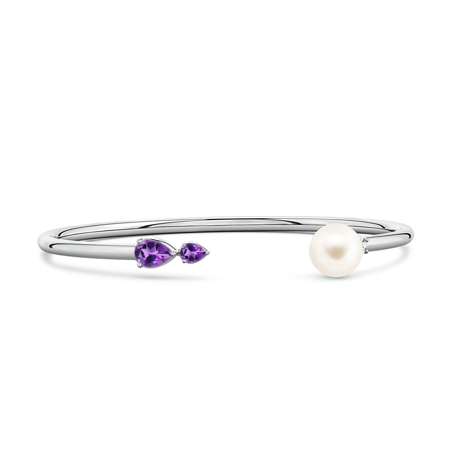 8mm AAA Freshwater Pearl and Horizontal Pear Amethyst Open Flex Cuff Bracelet in White Gold