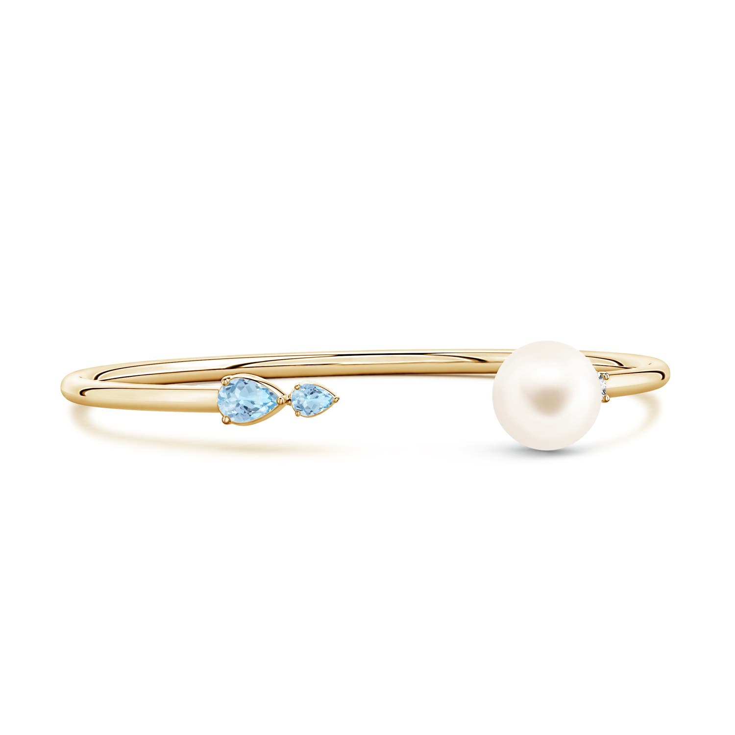 10mm AAA Freshwater Pearl and Horizontal Pear Aquamarine Open Flex Cuff Bracelet in Yellow Gold