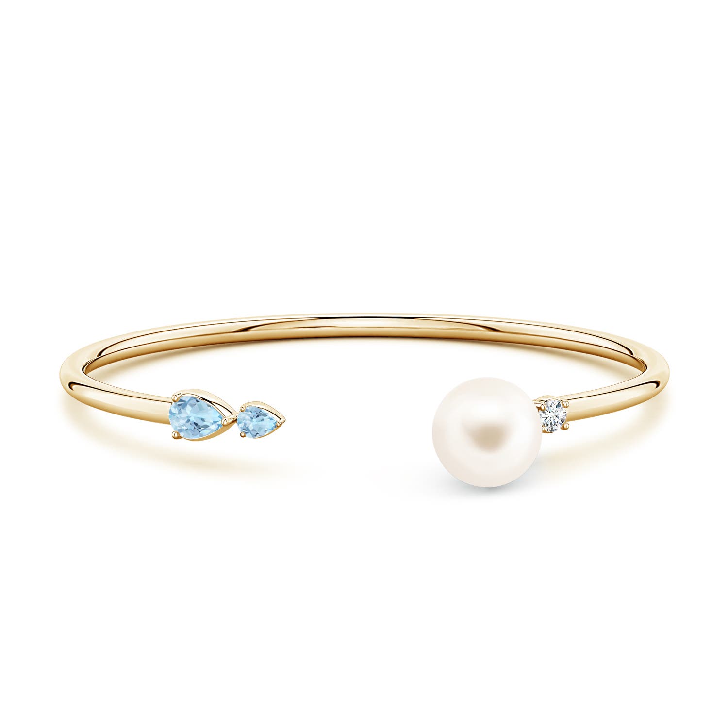 10mm AAA Freshwater Pearl and Horizontal Pear Aquamarine Open Flex Cuff Bracelet in Yellow Gold