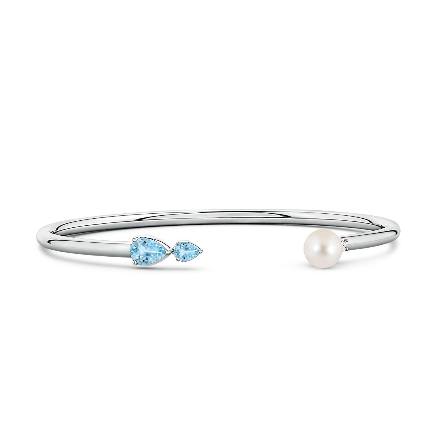6mm AAAA Freshwater Pearl and Horizontal Pear Aquamarine Open Flex Cuff Bracelet in White Gold