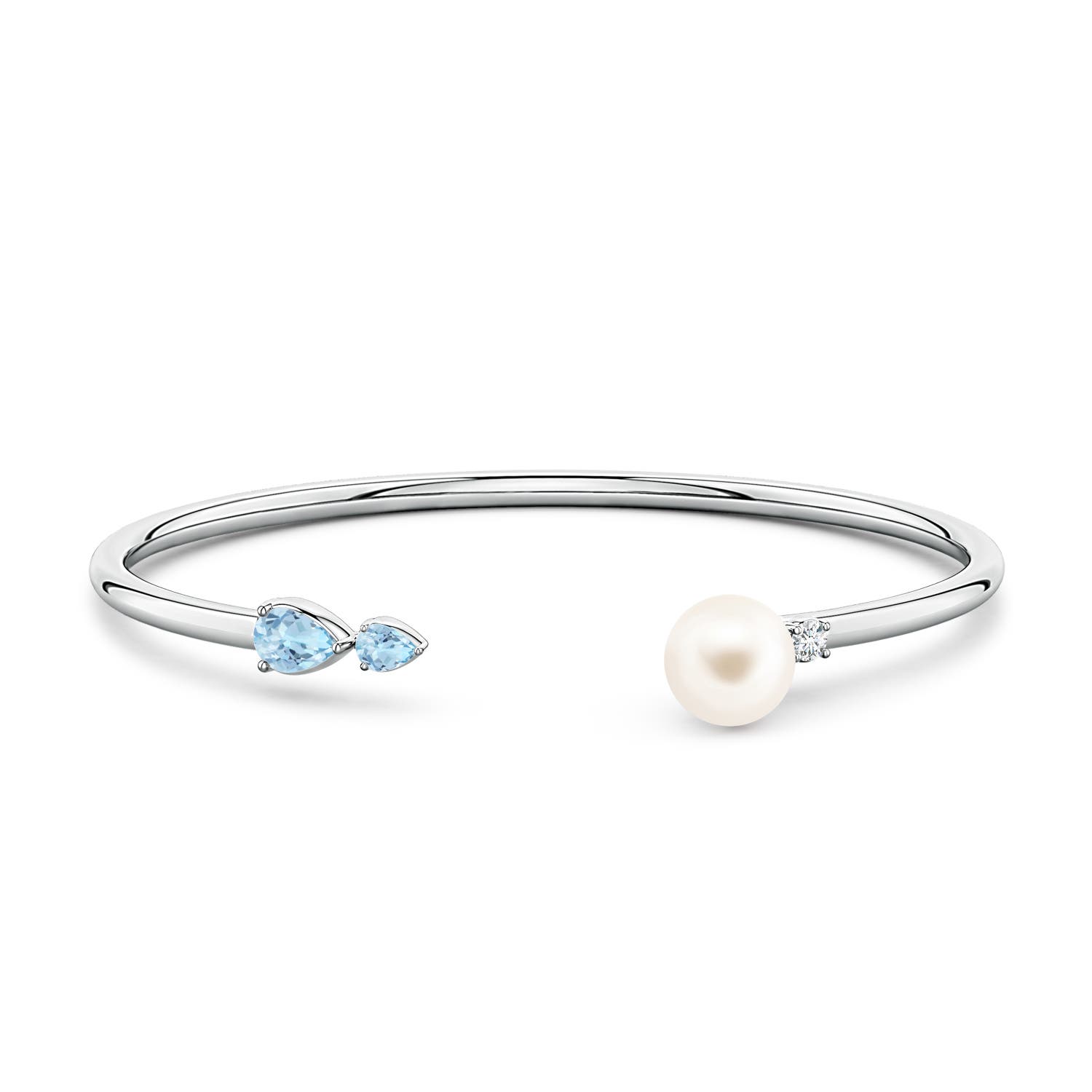 8mm AAA Freshwater Pearl and Horizontal Pear Aquamarine Open Flex Cuff Bracelet in White Gold