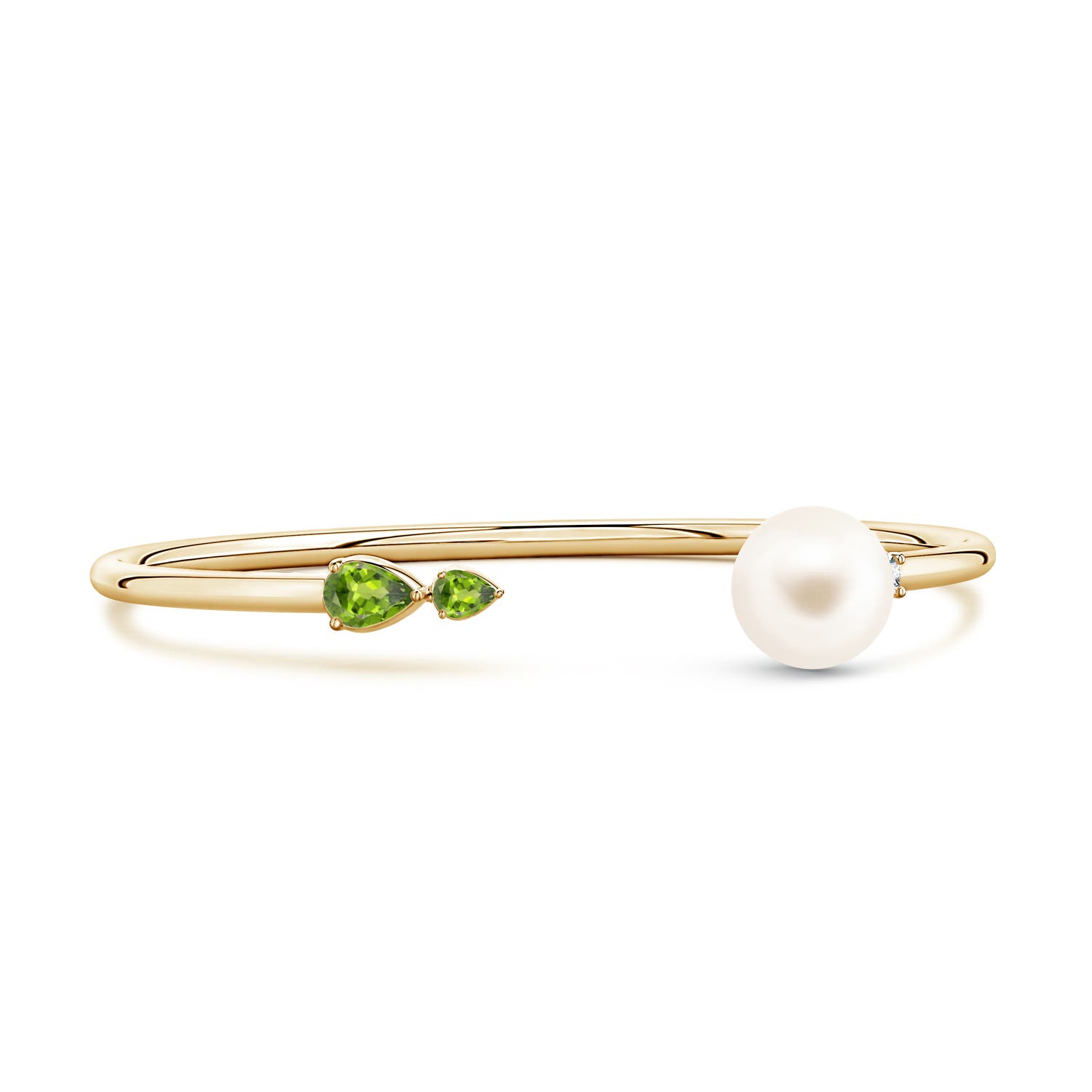 10mm AAA Freshwater Pearl and Horizontal Pear Peridot Open Flex Cuff Bracelet in Yellow Gold