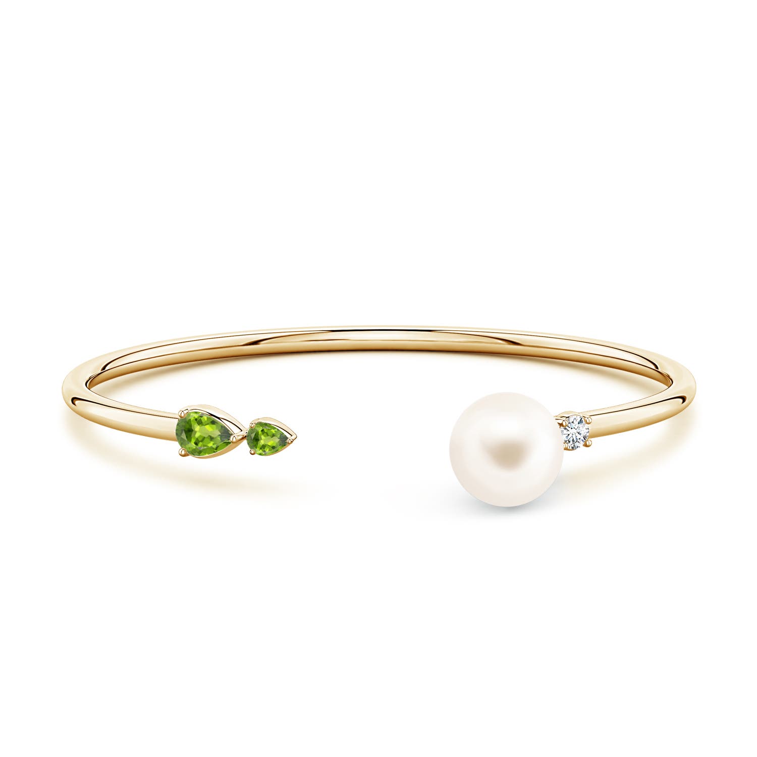 10mm AAA Freshwater Pearl and Horizontal Pear Peridot Open Flex Cuff Bracelet in Yellow Gold