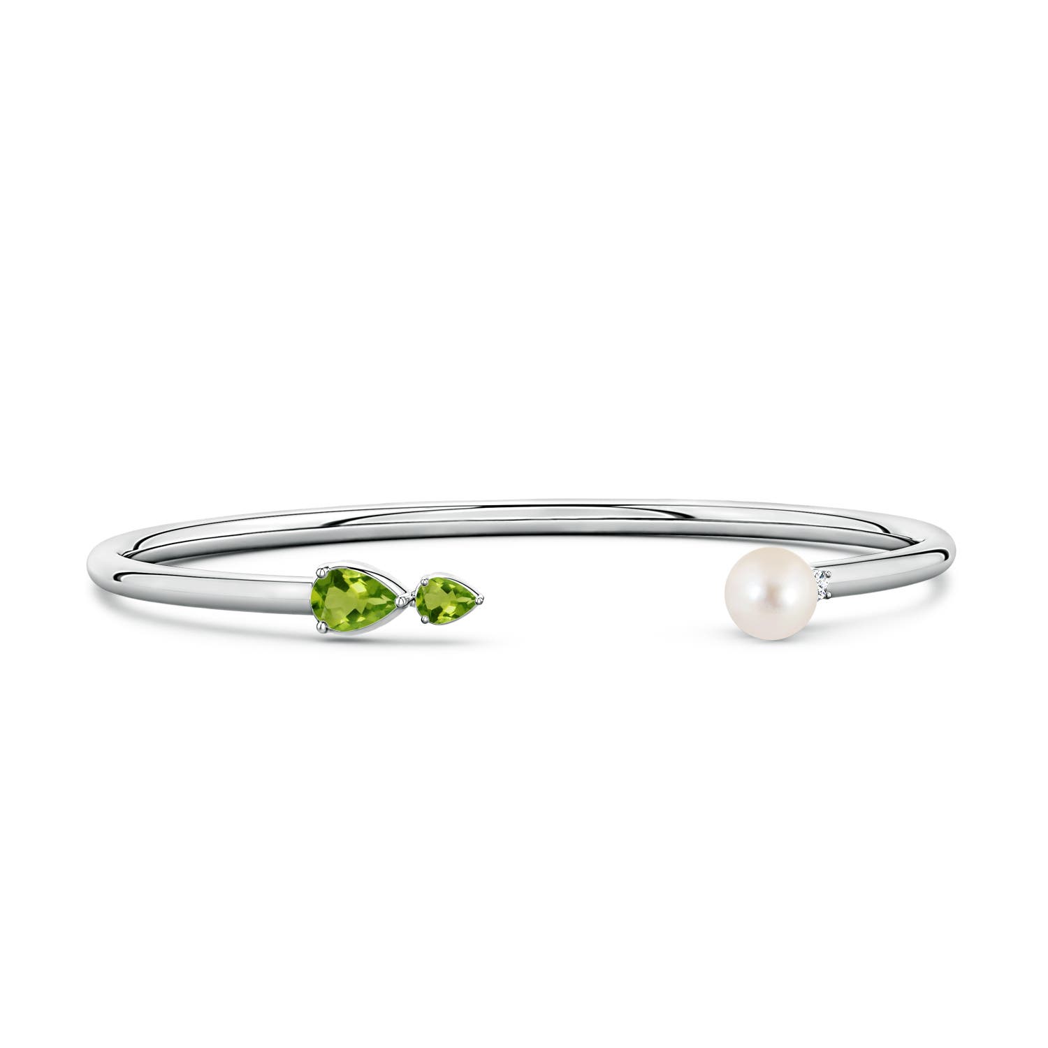 6mm AAAA Freshwater Pearl and Horizontal Pear Peridot Open Flex Cuff Bracelet in White Gold