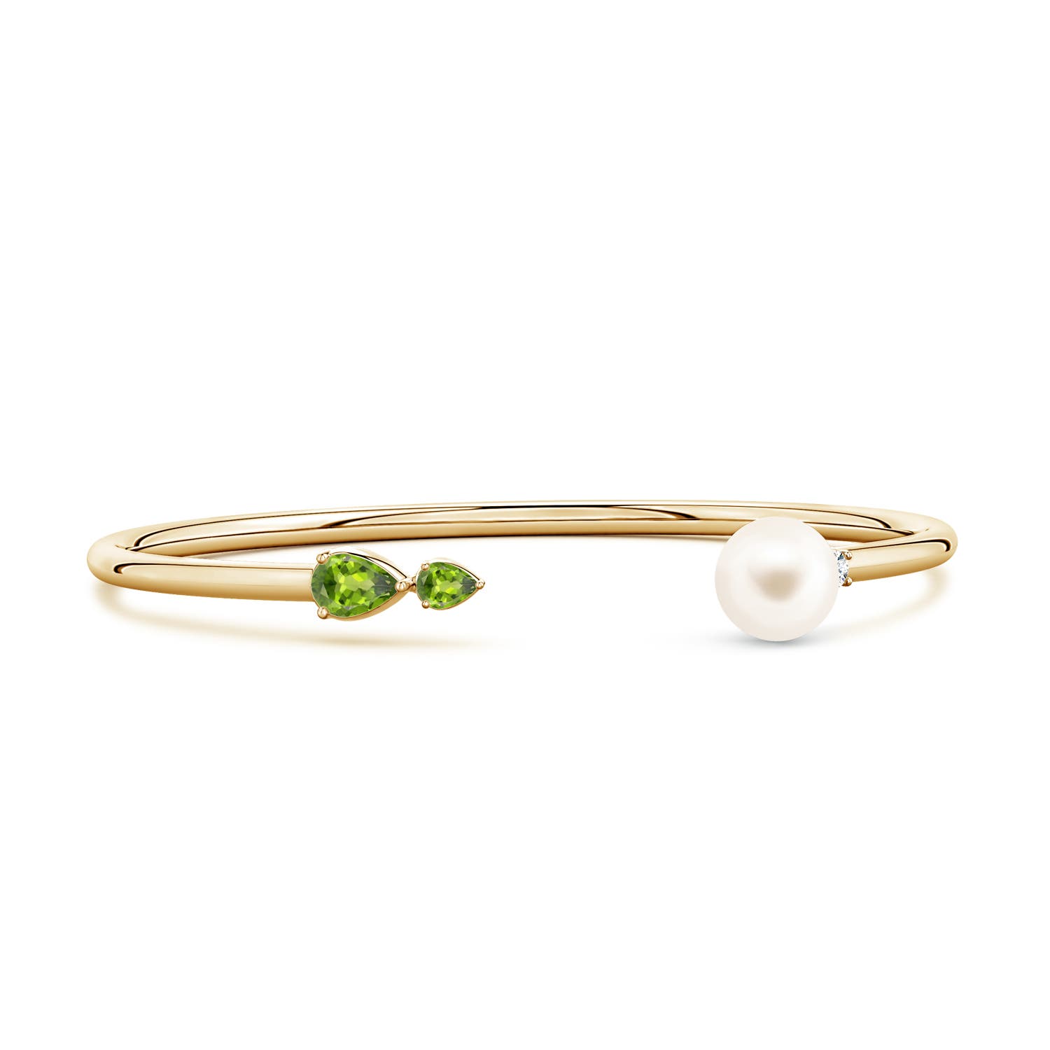 8mm AAA Freshwater Pearl and Horizontal Pear Peridot Open Flex Cuff Bracelet in Yellow Gold