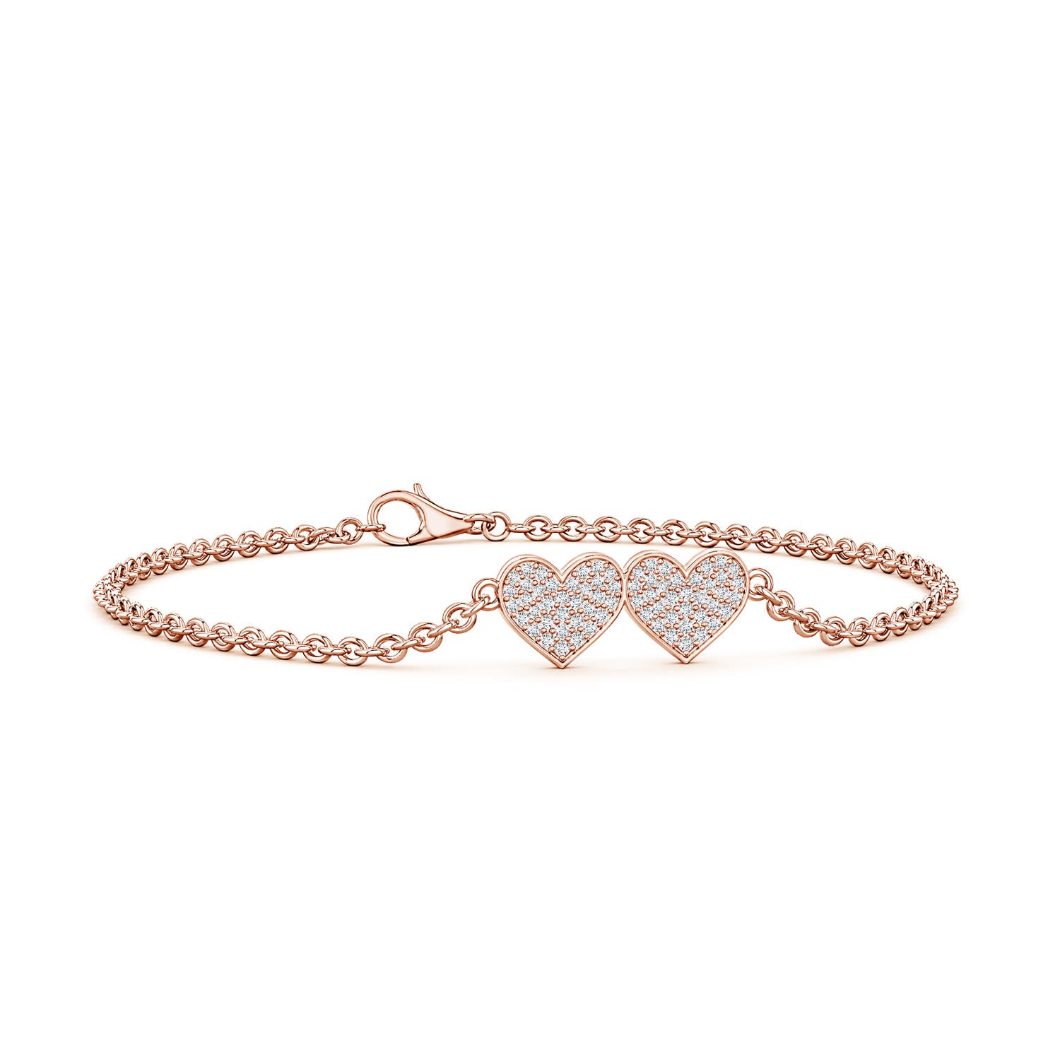 0.9mm GVS2 Pavé Diamond Double Heart Chain Bracelet in Rose Gold