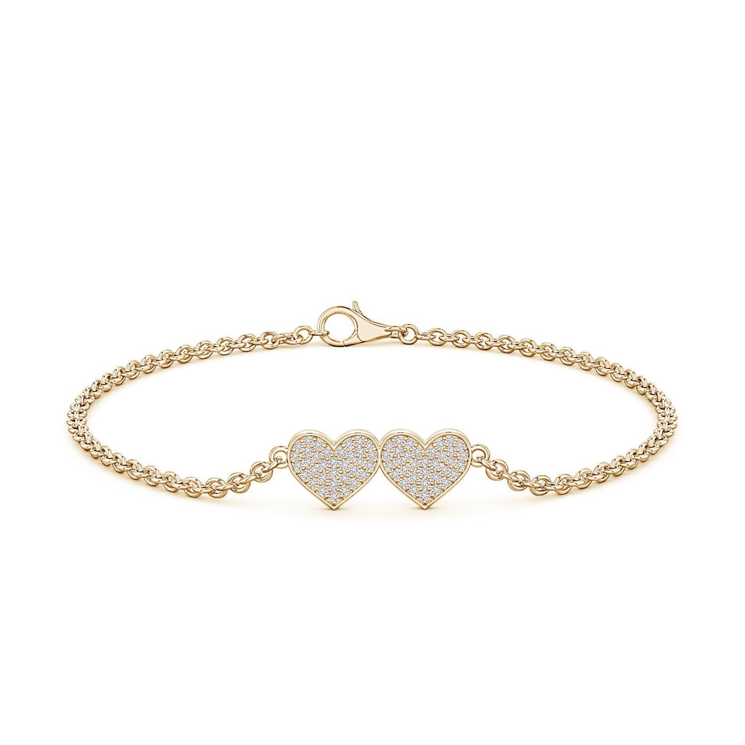0.9mm HSI2 Pavé Diamond Double Heart Chain Bracelet in Yellow Gold - side 2