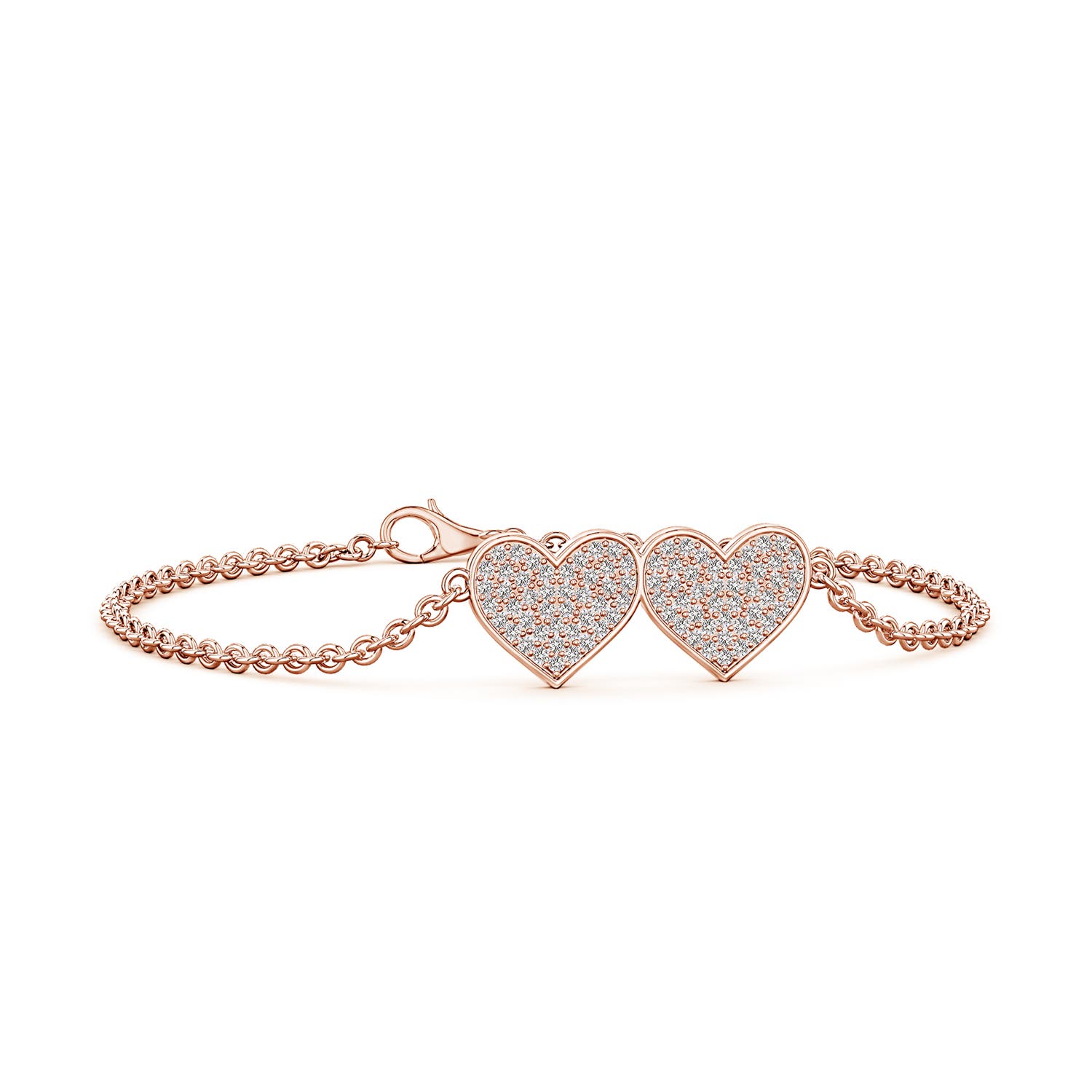 1.2mm IJI1I2 Pavé Diamond Double Heart Chain Bracelet in Rose Gold