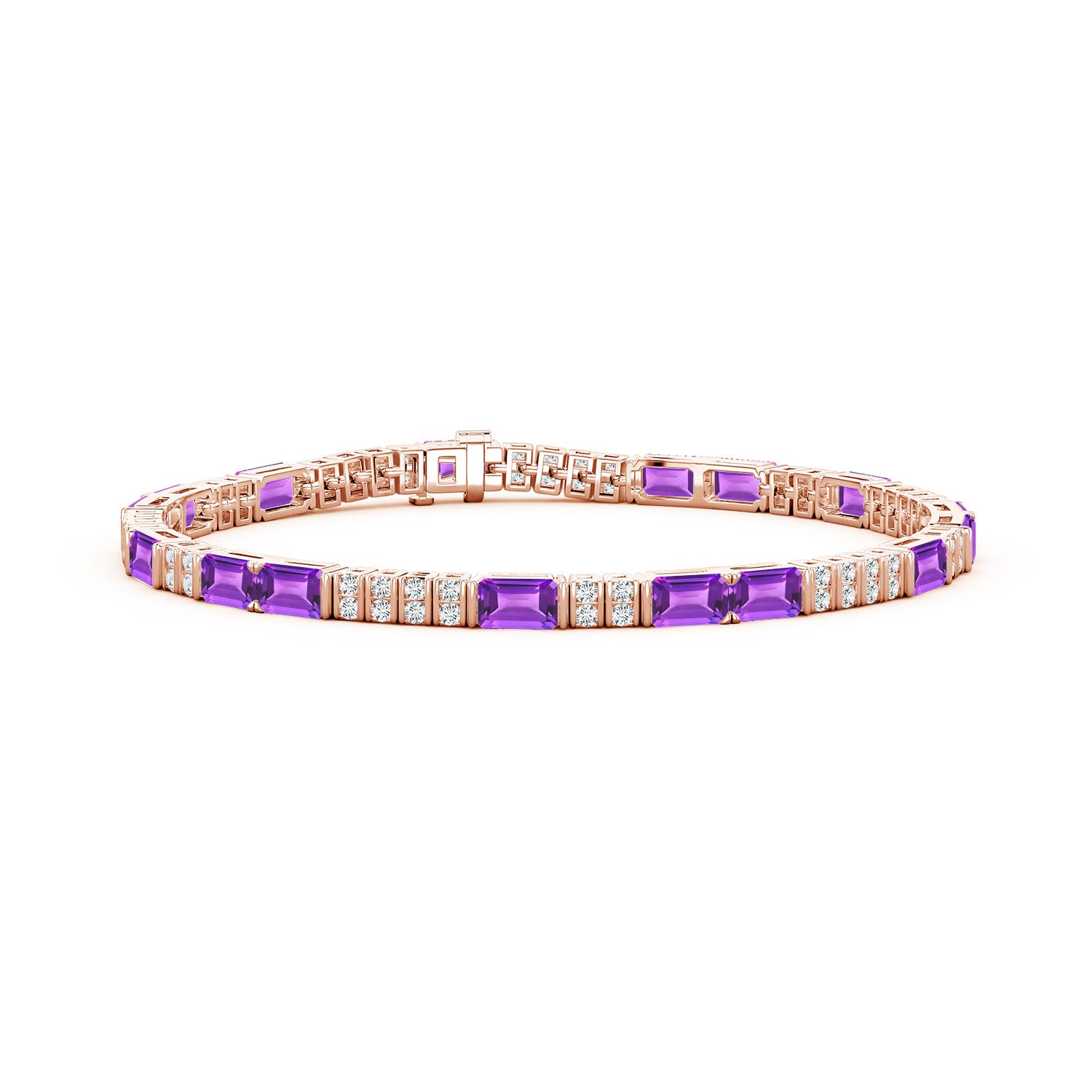 5x3mm AAA Lee Harris x Angara Amethyst and Diamond Modern Art Deco Inspired Tennis Bracelet in Rose Gold