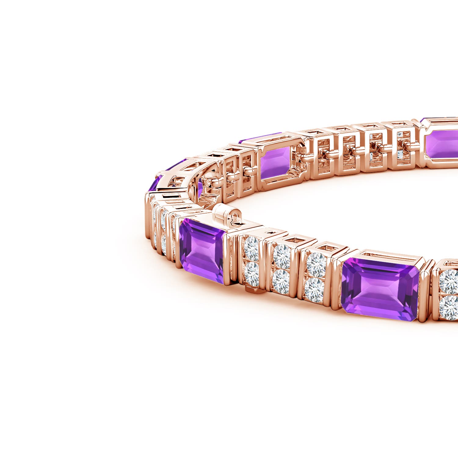 6x4mm AAA Lee Harris x Angara Amethyst and Diamond Modern Art Deco Inspired Tennis Bracelet in Rose Gold