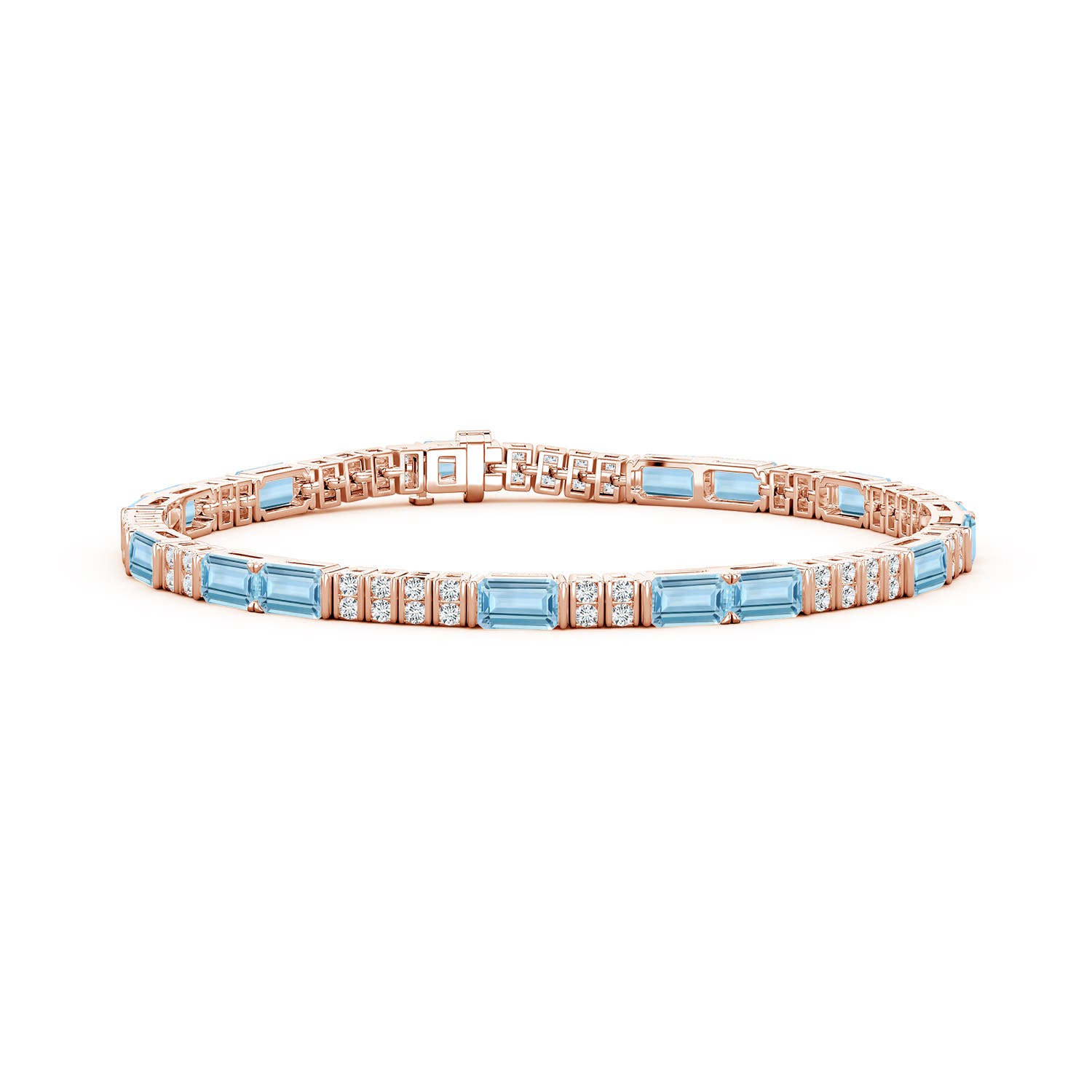 5x3mm AAA Lee Harris x Angara Aquamarine and Diamond Modern Art Deco Inspired Tennis Bracelet in Rose Gold