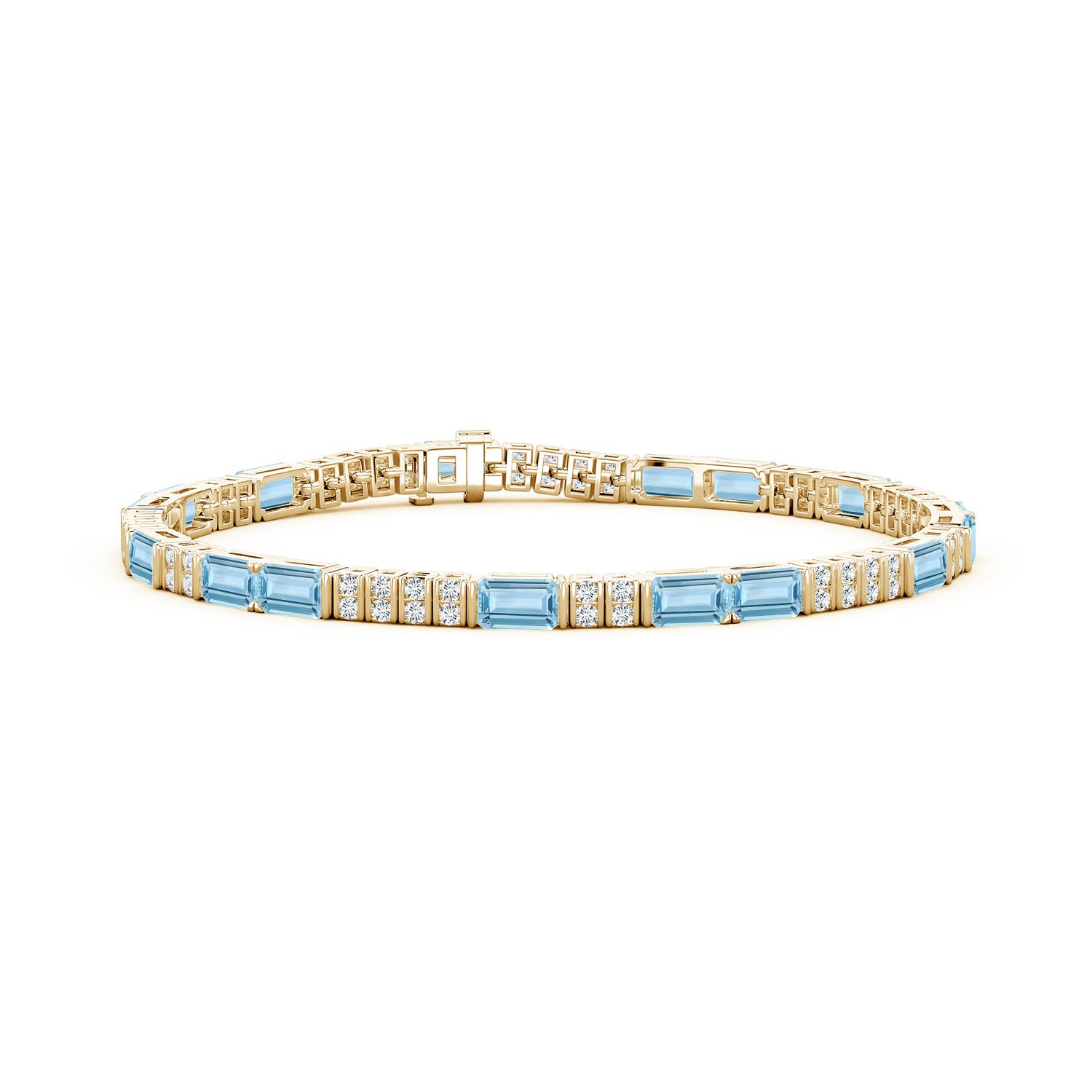 5x3mm AAA Lee Harris x Angara Aquamarine and Diamond Modern Art Deco Inspired Tennis Bracelet in Yellow Gold