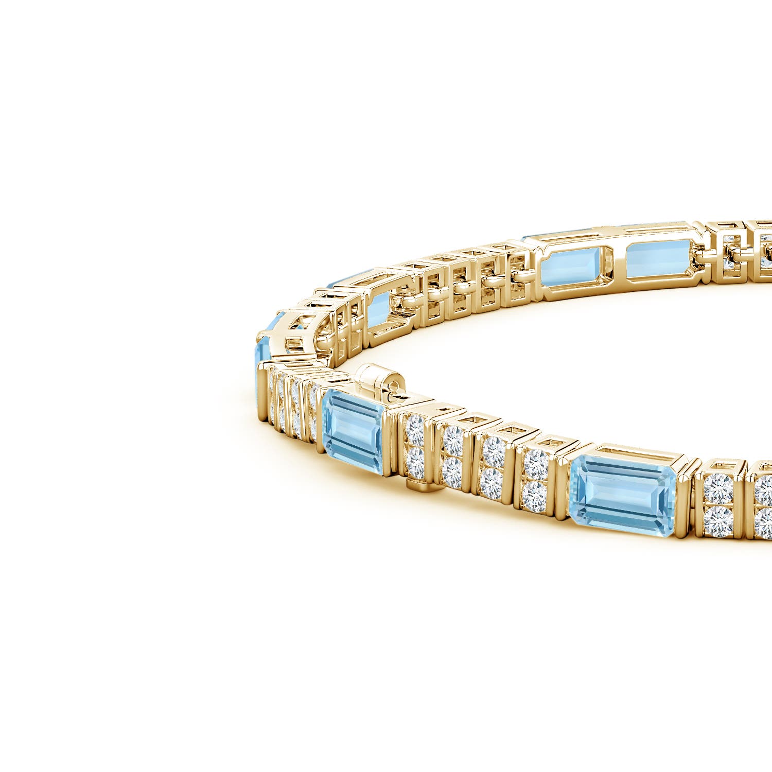5x3mm AAA Lee Harris x Angara Aquamarine and Diamond Modern Art Deco Inspired Tennis Bracelet in Yellow Gold