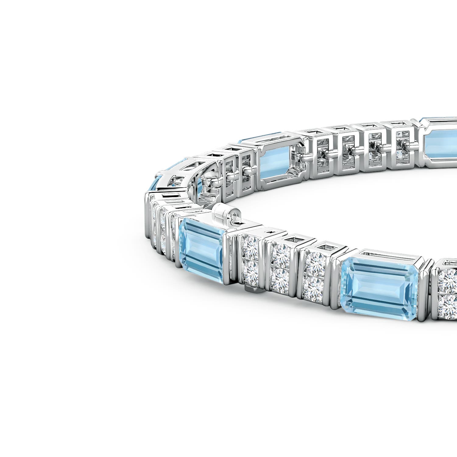 6x4mm AAA Lee Harris x Angara Aquamarine and Diamond Modern Art Deco Inspired Tennis Bracelet in White Gold