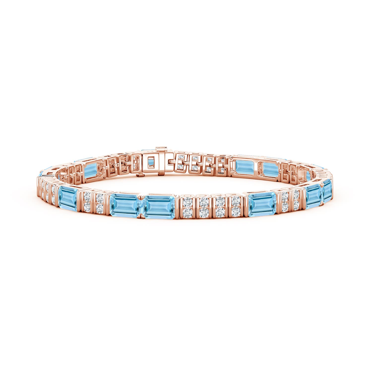 6x4mm AAAA Lee Harris x Angara Aquamarine and Diamond Modern Art Deco Inspired Tennis Bracelet in Rose Gold