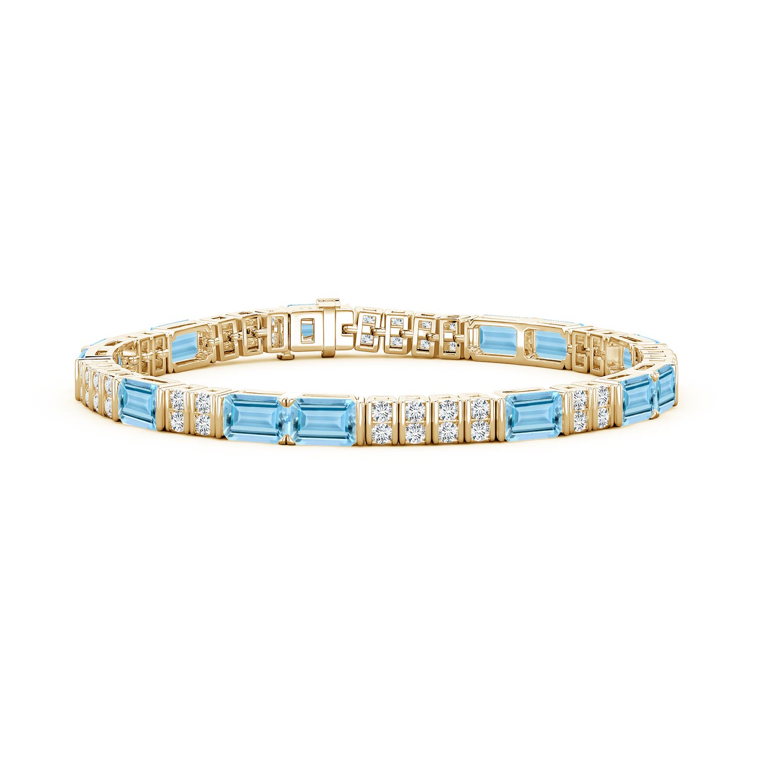 6x4mm AAAA Lee Harris x Angara Aquamarine and Diamond Modern Art Deco Inspired Tennis Bracelet in Yellow Gold
