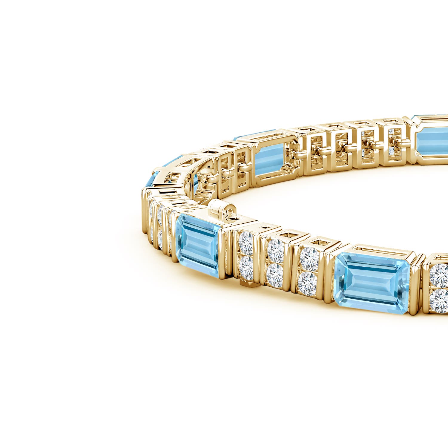 6x4mm AAAA Lee Harris x Angara Aquamarine and Diamond Modern Art Deco Inspired Tennis Bracelet in Yellow Gold