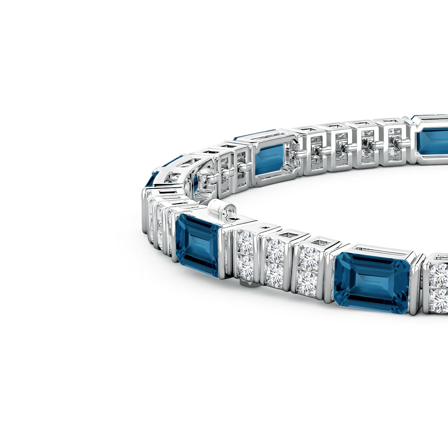 6x4mm AAA Lee Harris x Angara London Blue Topaz and Diamond Modern Art Deco Inspired Tennis Bracelet in White Gold - side 3