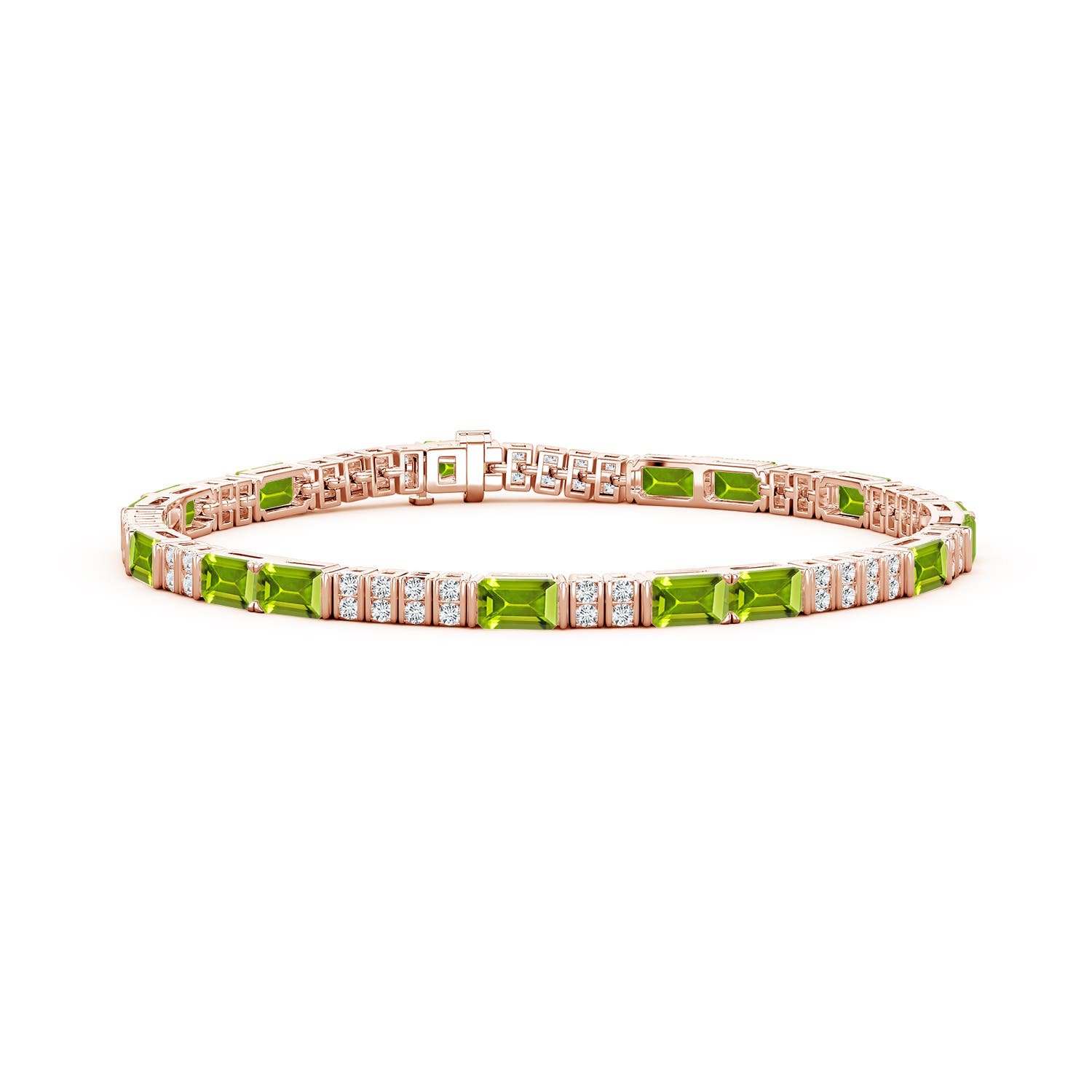 5x3mm AAA Lee Harris x Angara Peridot and Diamond Modern Art Deco Inspired Tennis Bracelet in Rose Gold